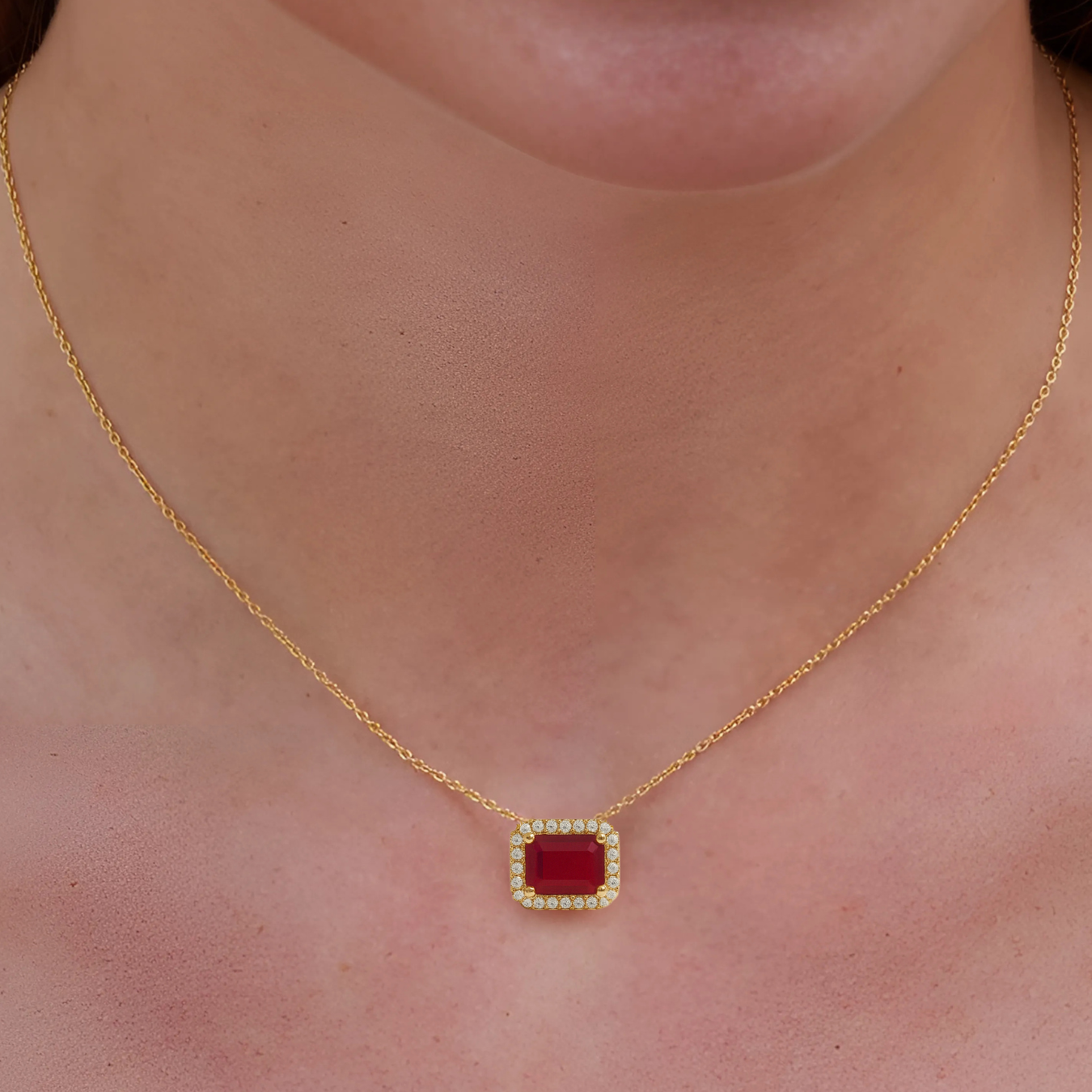 14K Gold Diamond and Emerald Cut Ruby Necklace
