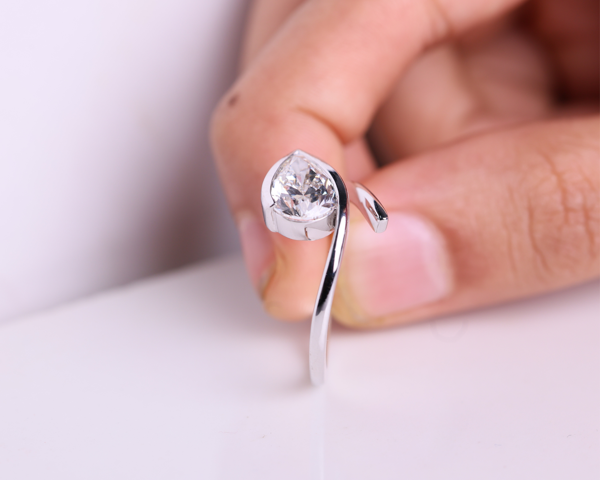 2 Carat East West Pear Cut Lab Grown Diamond Half Bezel set Engagement Ring
