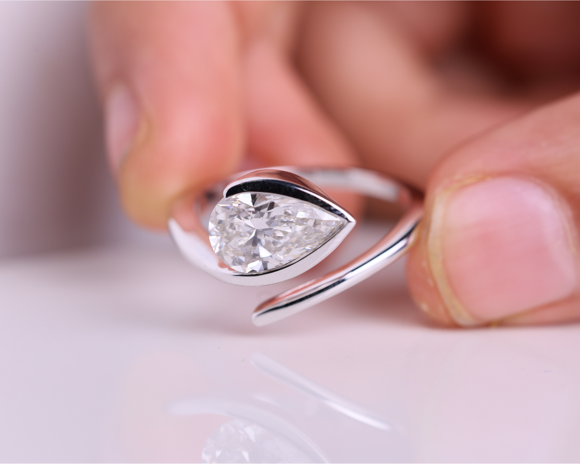 2 Carat East West Pear Cut Lab Grown Diamond Half Bezel set Engagement Ring