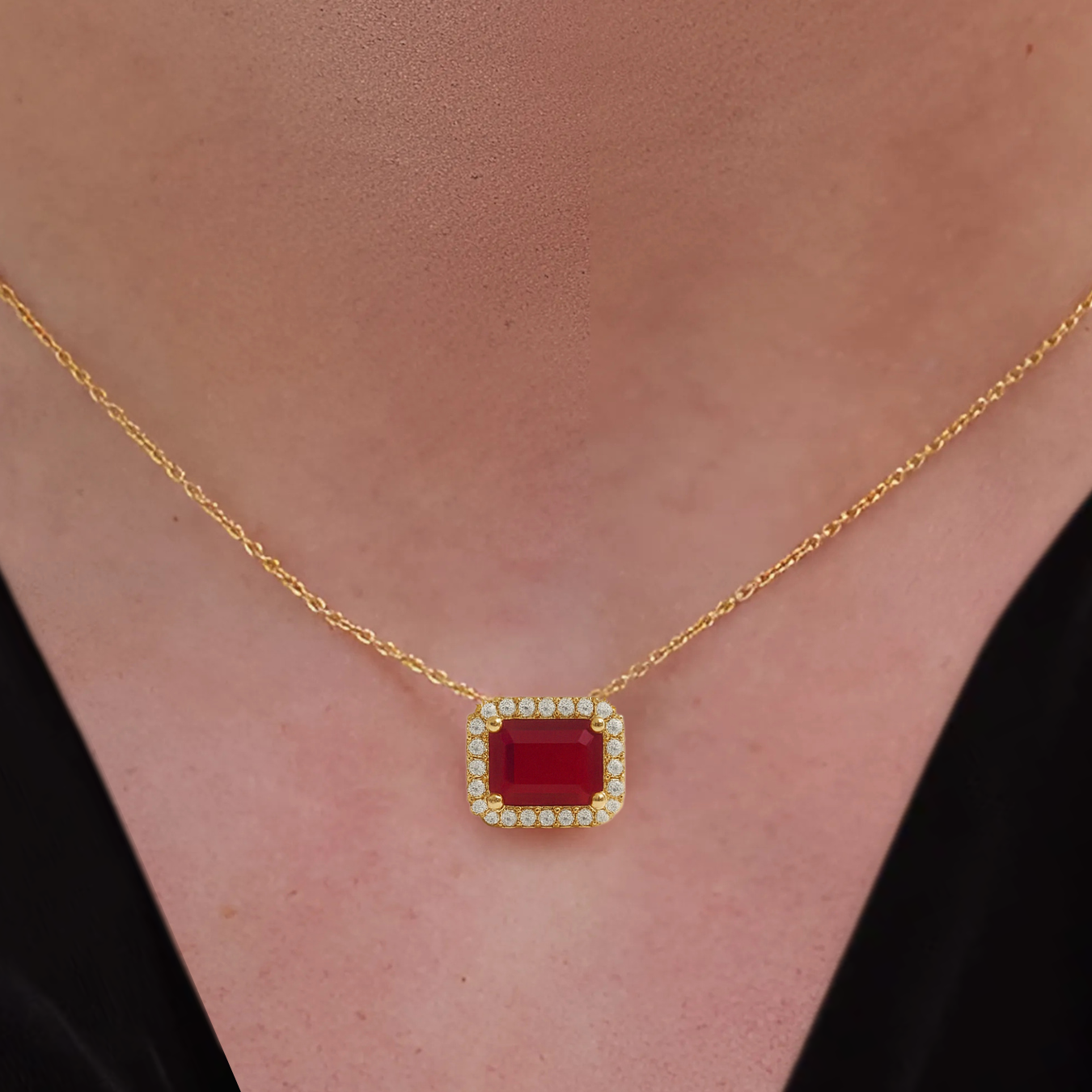 14K Gold Diamond and Emerald Cut Ruby Necklace