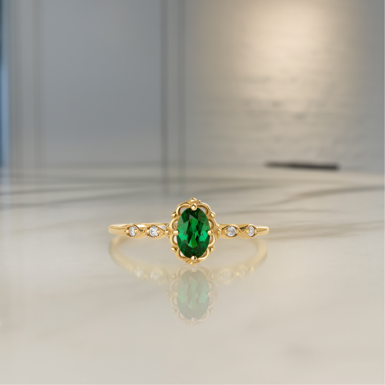 1.00 CT Emerald Ring, Halo Birthstone Jewelry Engagement Band