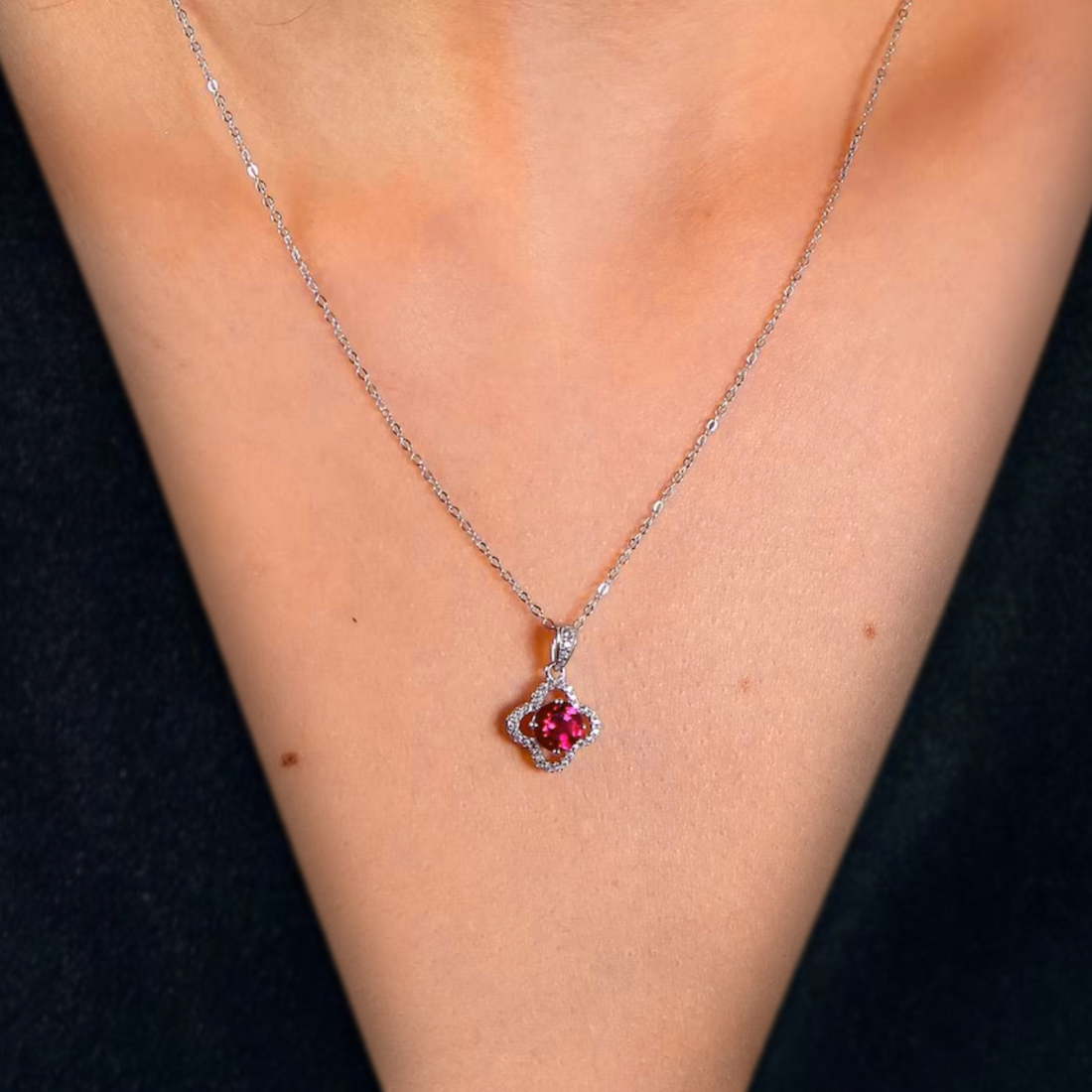Genuine Ruby Clover Silver Necklace | Ruby Red Stone Jewelry