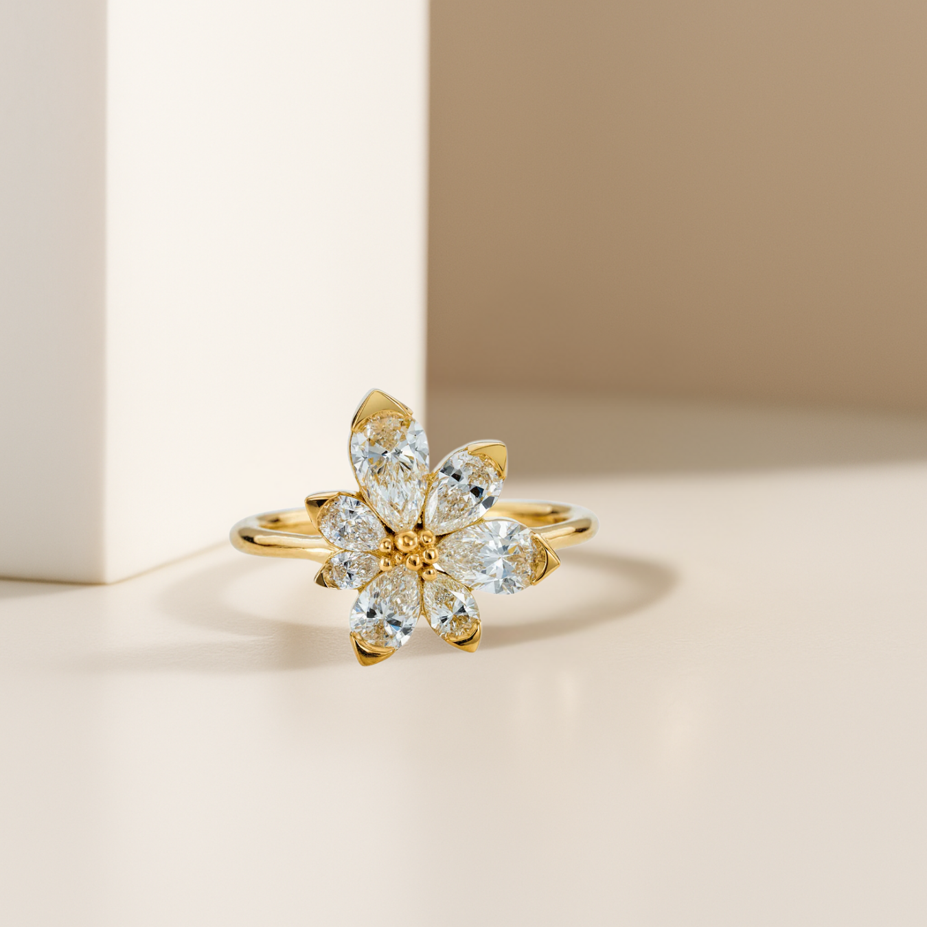 14K Gold 1.40 CT Pear Cut Asymmetric Blossom Diamond Engagement Ring