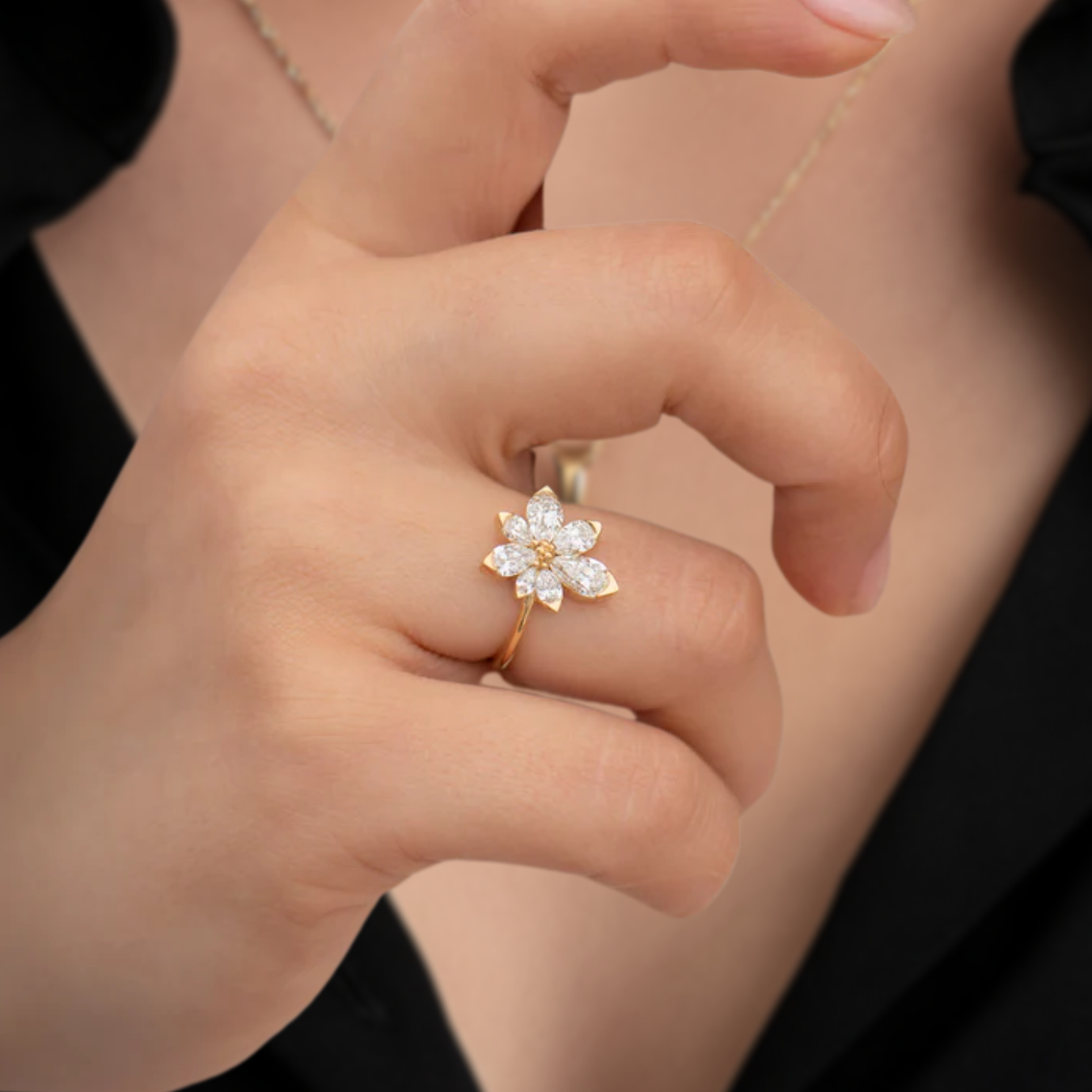 14K Gold 1.40 CT Pear Cut Asymmetric Blossom Diamond Engagement Ring