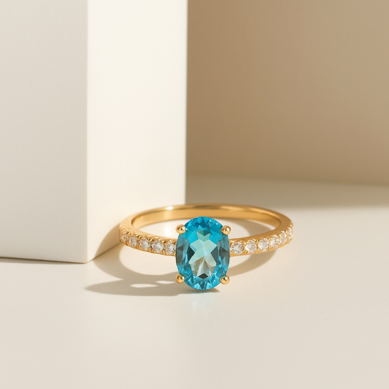 14K Solid Gold Swiss Blue Topaz Gemstone 1.56CT Oval Cut Engagement Ring