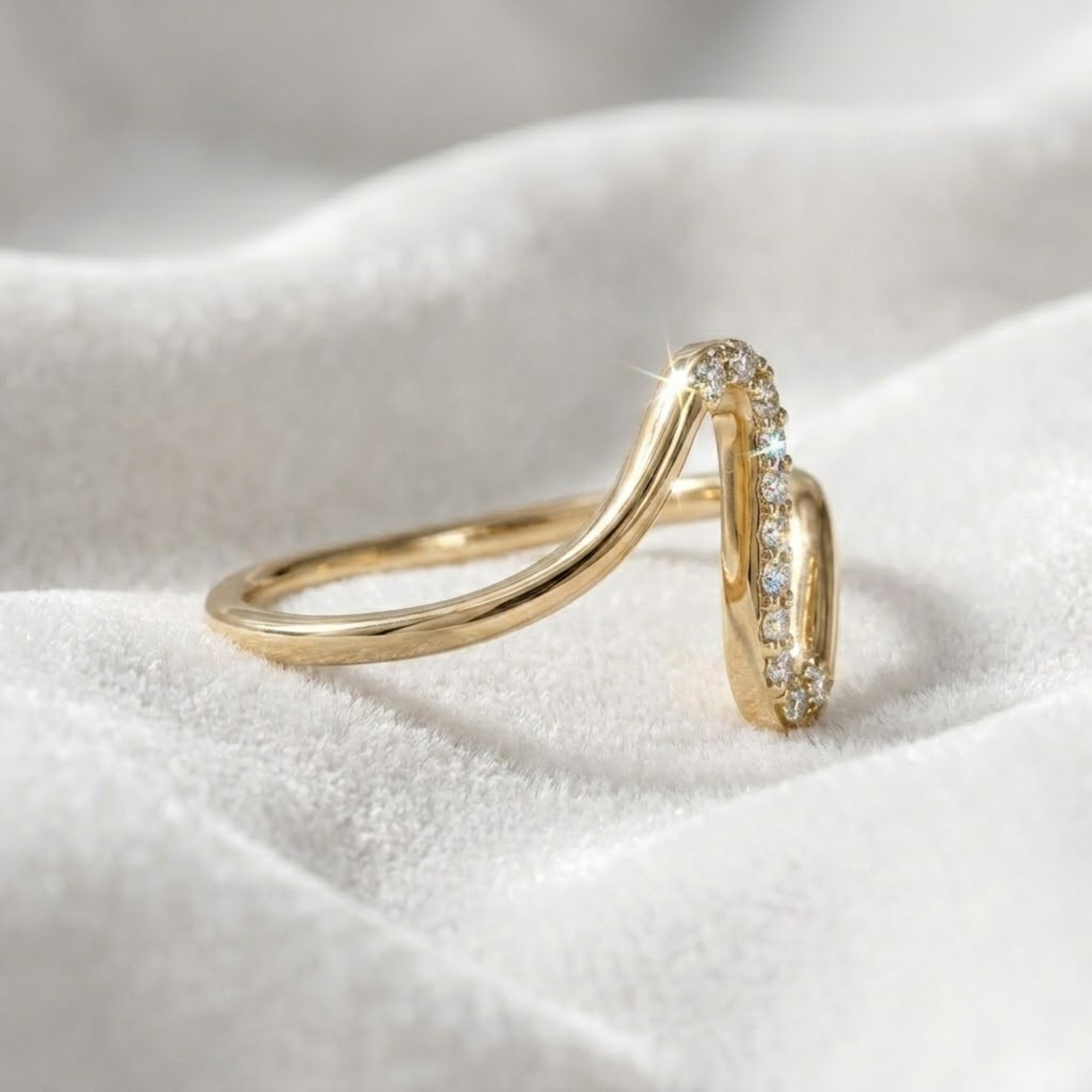 14K Gold Lab Grown Diamond Wave Curved Stacking Band