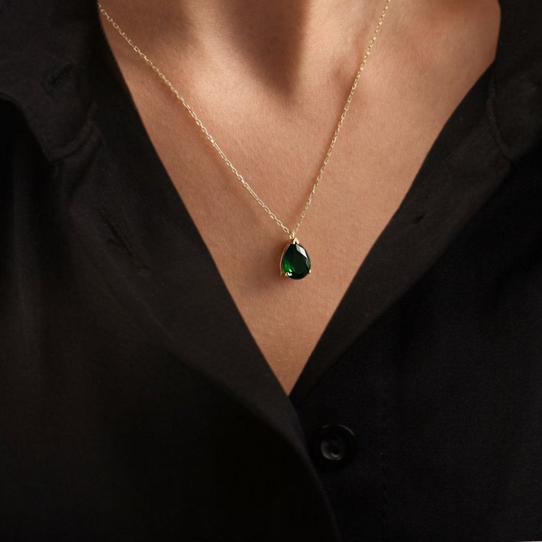 14K Emerald Green Necklace, May Birthstone Pendant, Solid Gold Emerald Necklace