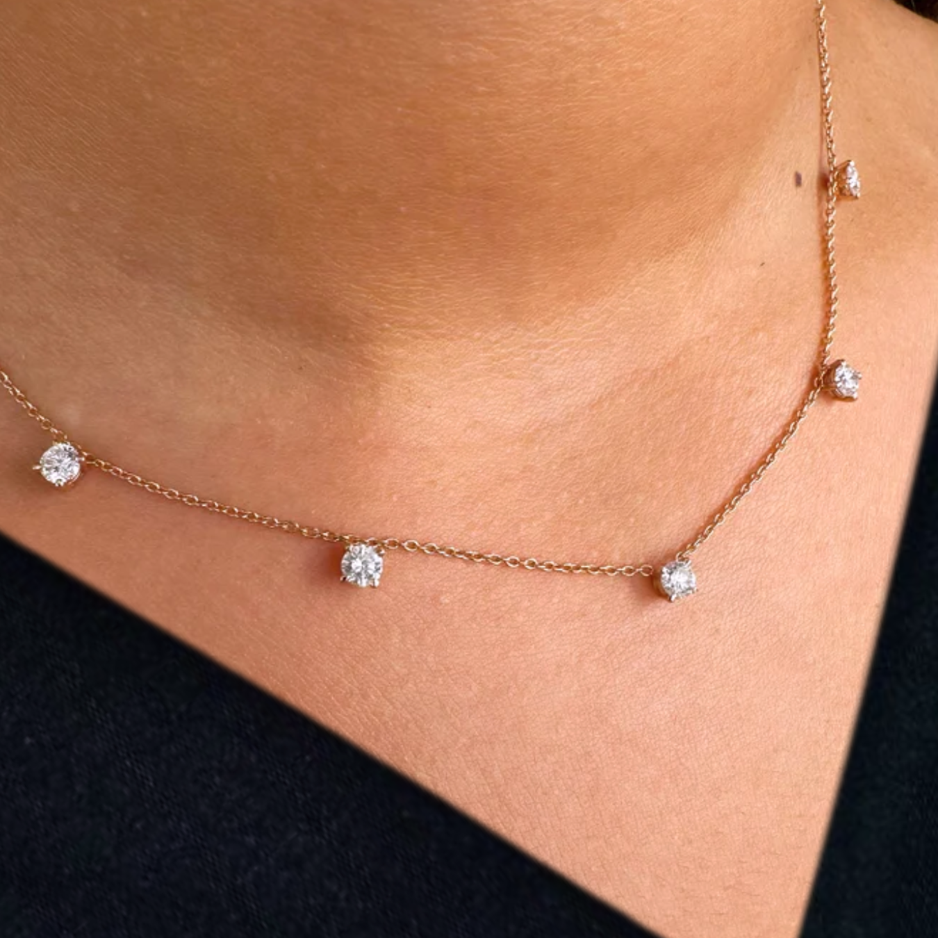 Diamond Solitaire Necklace, 14k Solid Gold 5 Stones Diamond Necklace