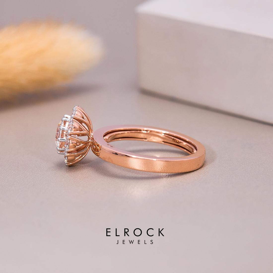 Round Lab Grown Diamond 14K Rose Gold Engagement Ring/ Unique Diamond Floral Promise Ring