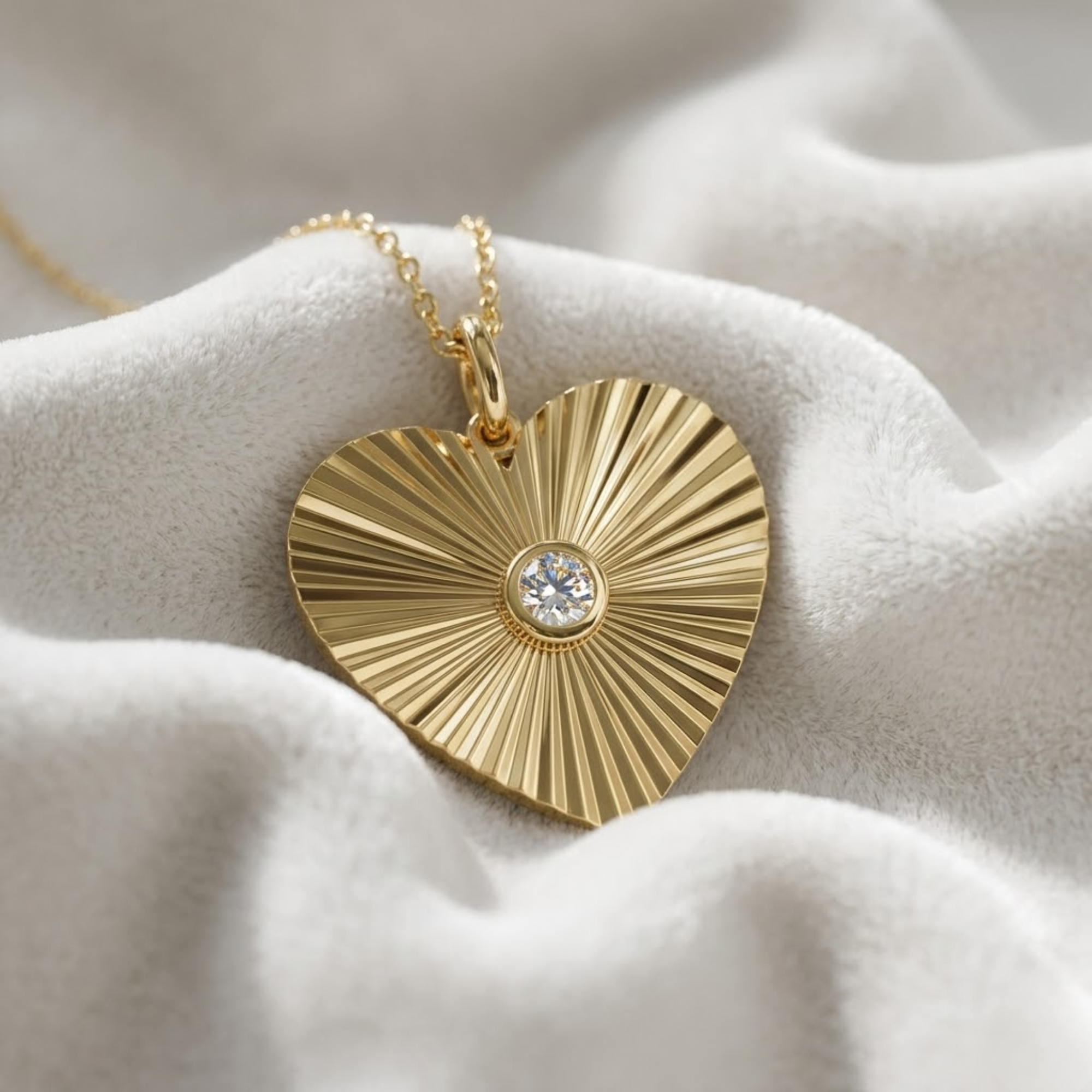 14K Gold Heart Shaped Diamond Cut Round Diamond Bezel Setting Necklace