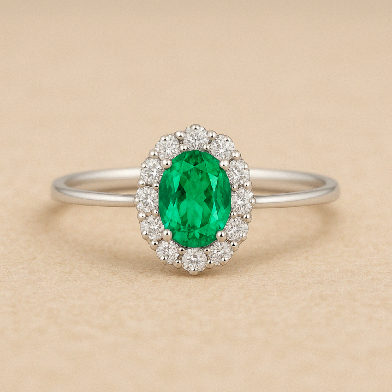 14K Classic Oval Cut Emerald Ring with Surrounding Lab Grown Diamond
