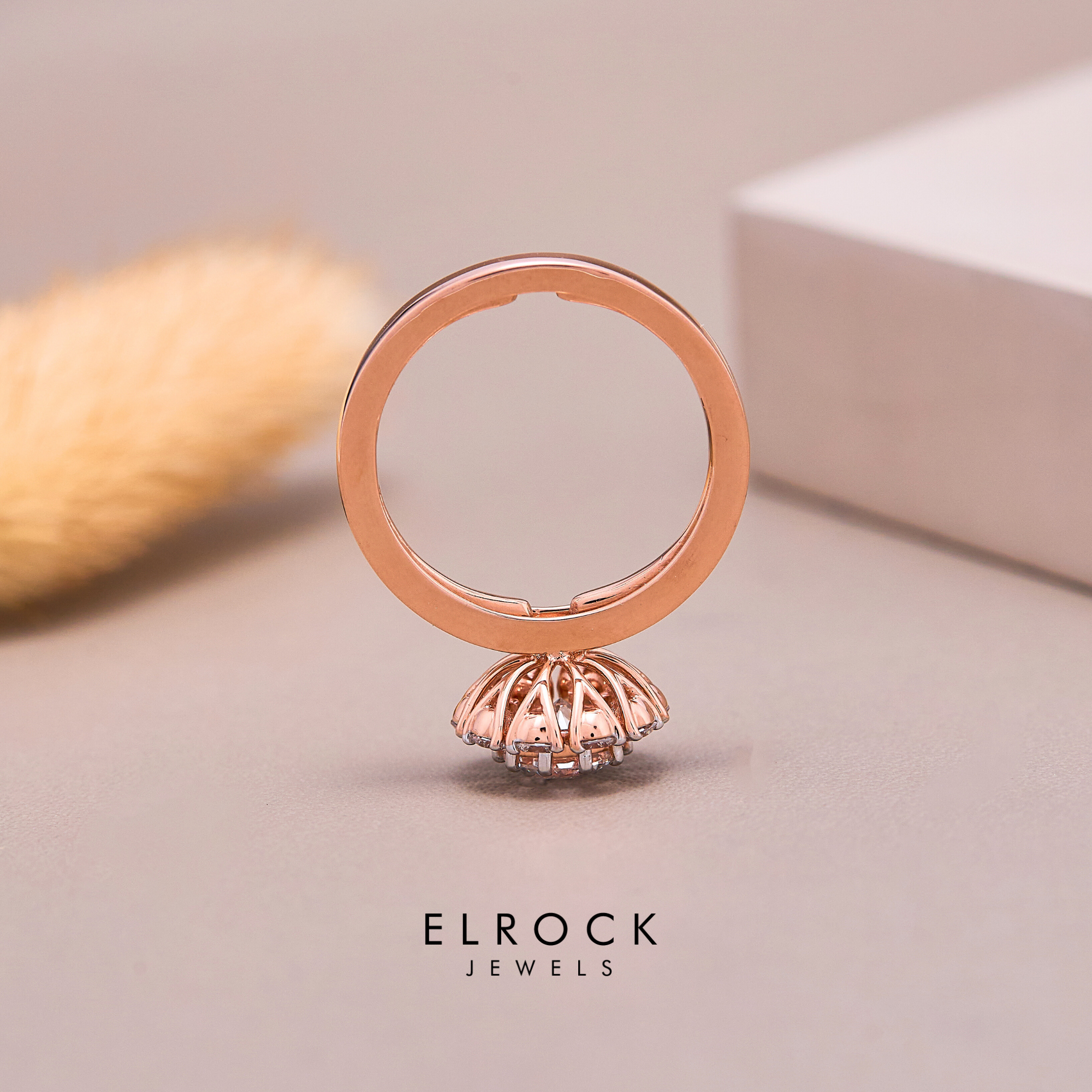 14K Rose Gold Round Unique Diamond Floral Promise Ring
