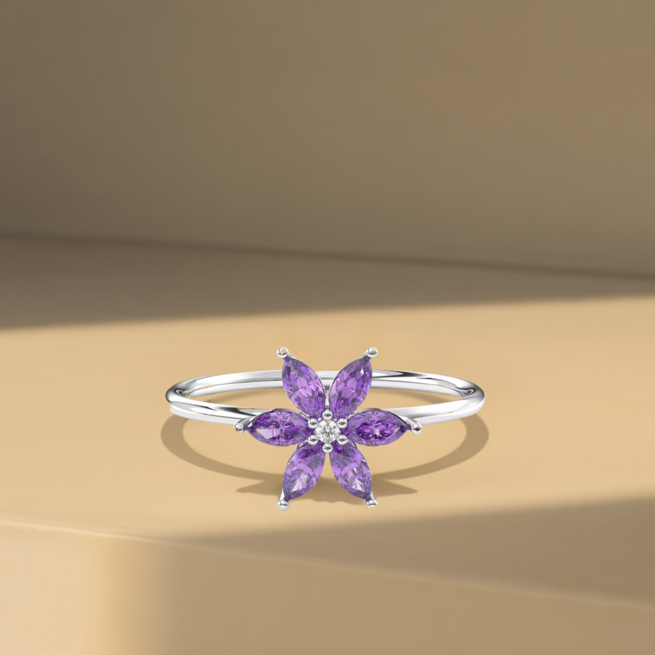 14K Gold Amethyst Flower Minimalist Ring | February Birthstone Ring