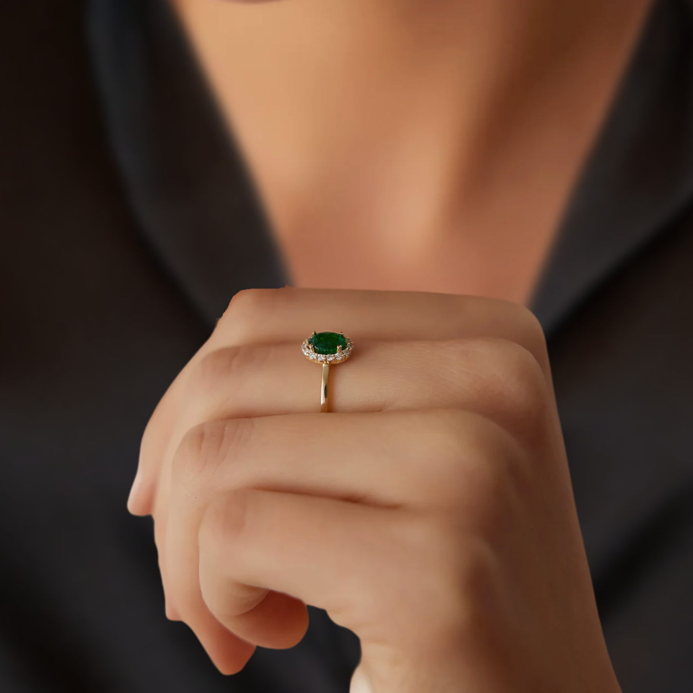 14K Classic Oval Cut Emerald Ring with Surrounding Lab Grown Diamond