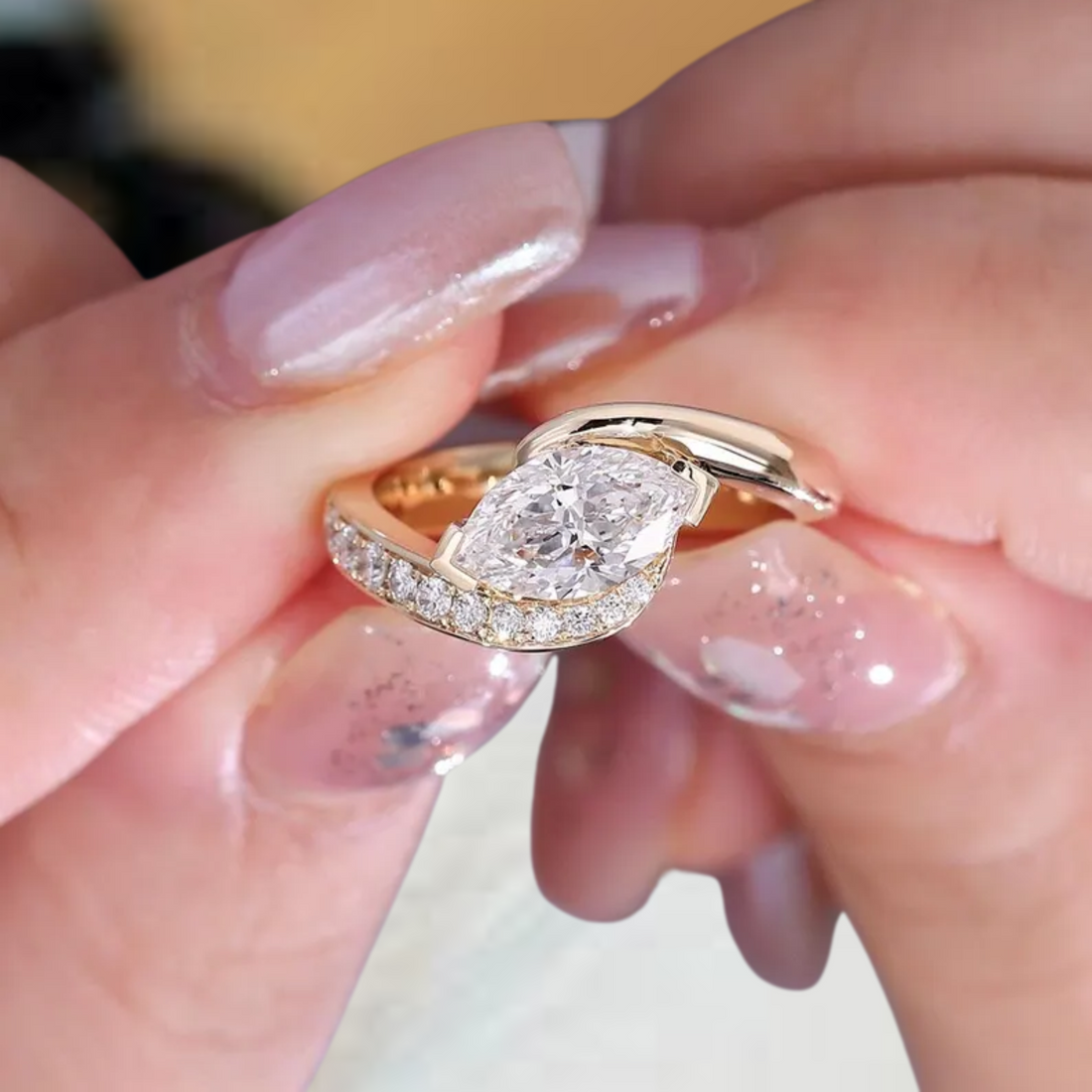 14K Marquise Cut Engagement Ring, Gold East West Marquise Shaped Lab Grown Diamond