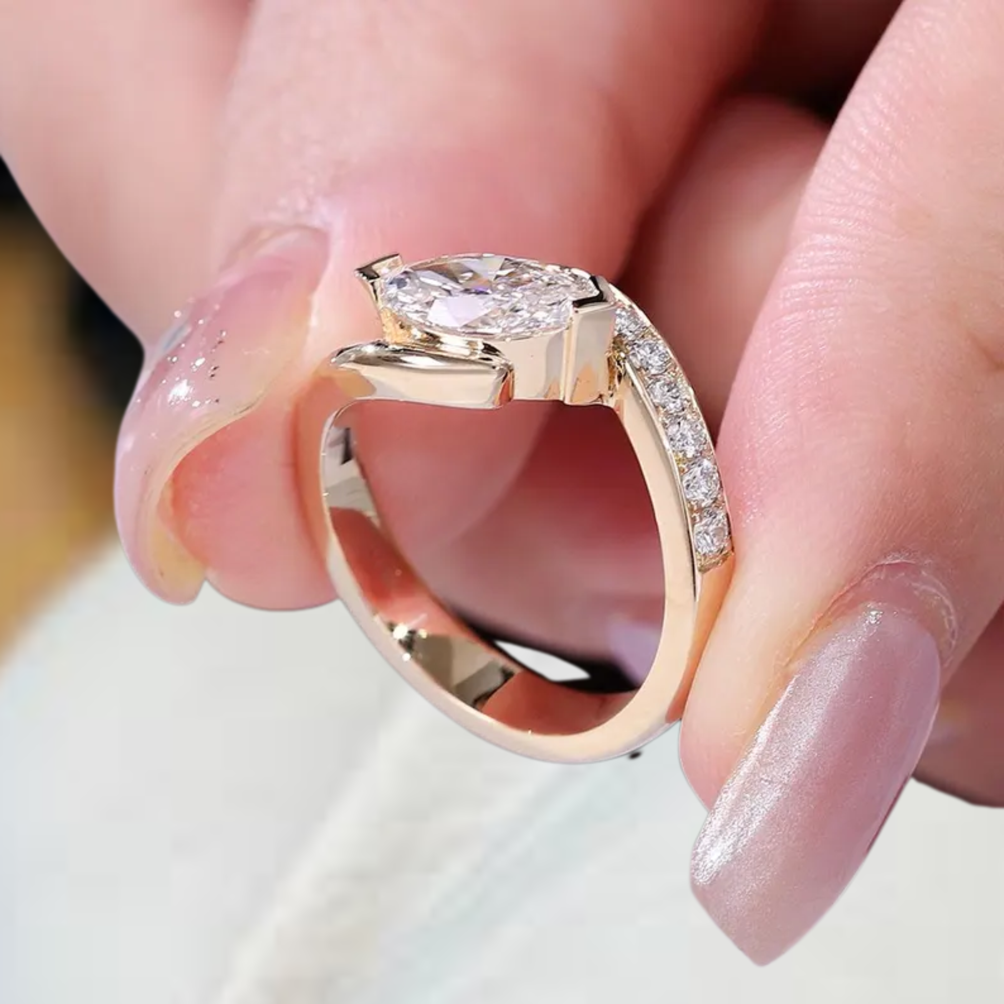 14K Marquise Cut Engagement Ring, Gold East West Marquise Shaped Lab Grown Diamond