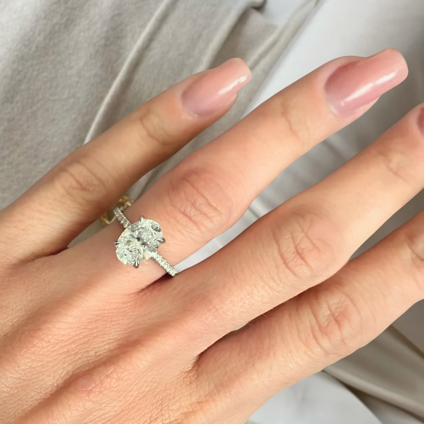 14K Solid Gold 2CT Oval Lab Grown Diamond Halo and Pave Eternity Ring