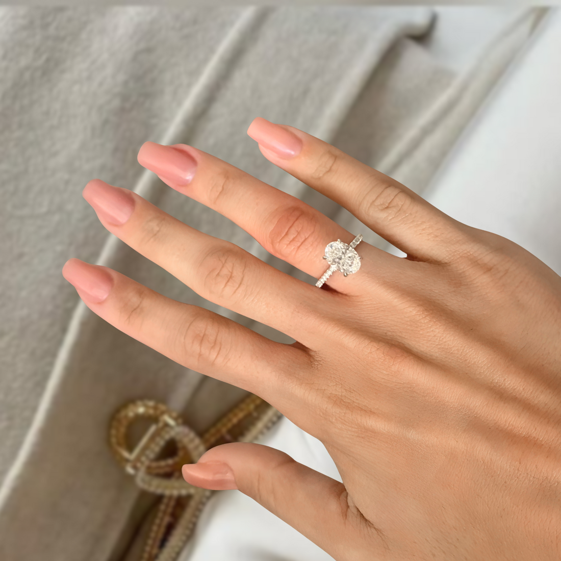 2CT Oval Lab Grown Diamond Ring With Halo And Pave Eternity Engagement Ring For Her