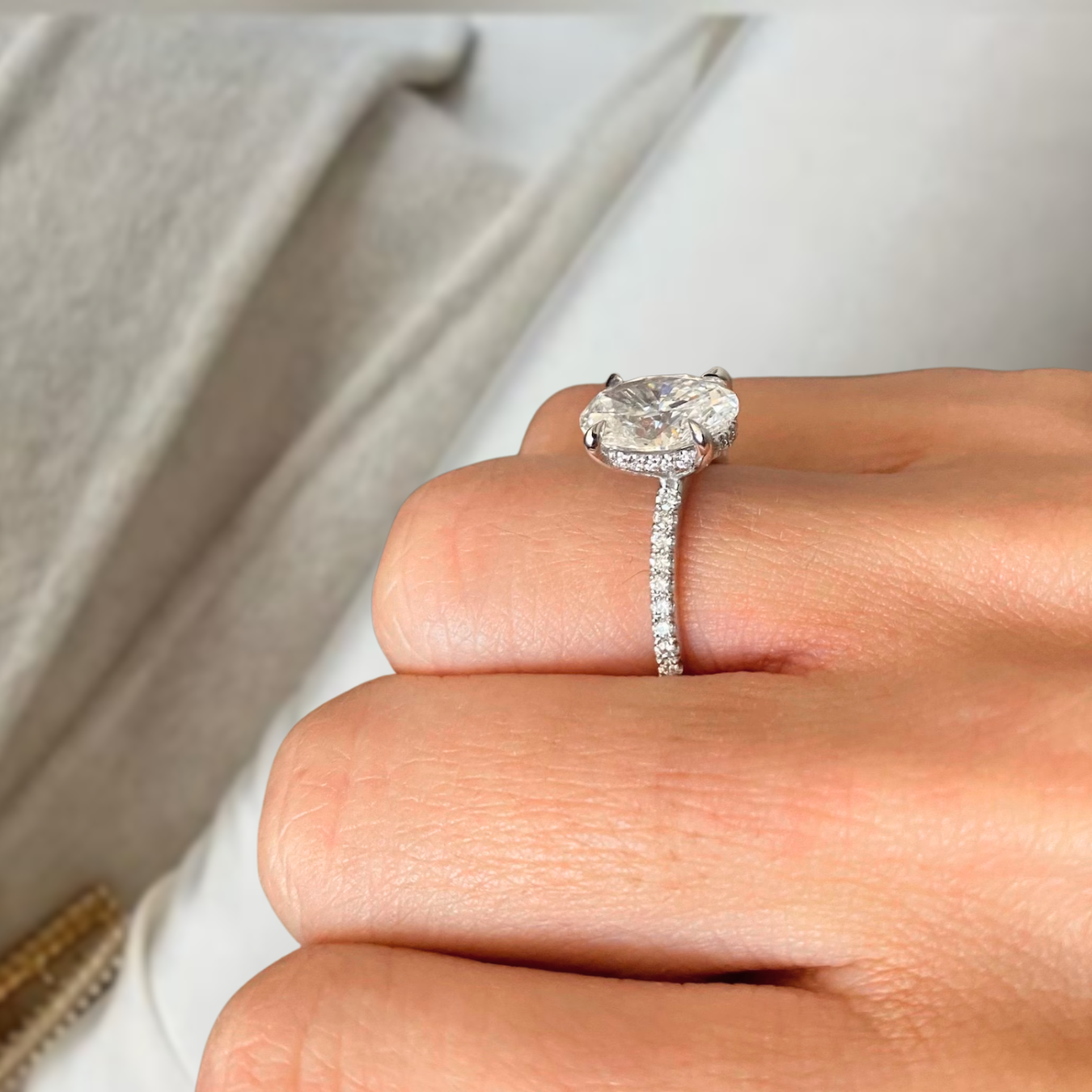 14K Solid Gold 2CT Oval Lab Grown Diamond Halo and Pave Eternity Ring