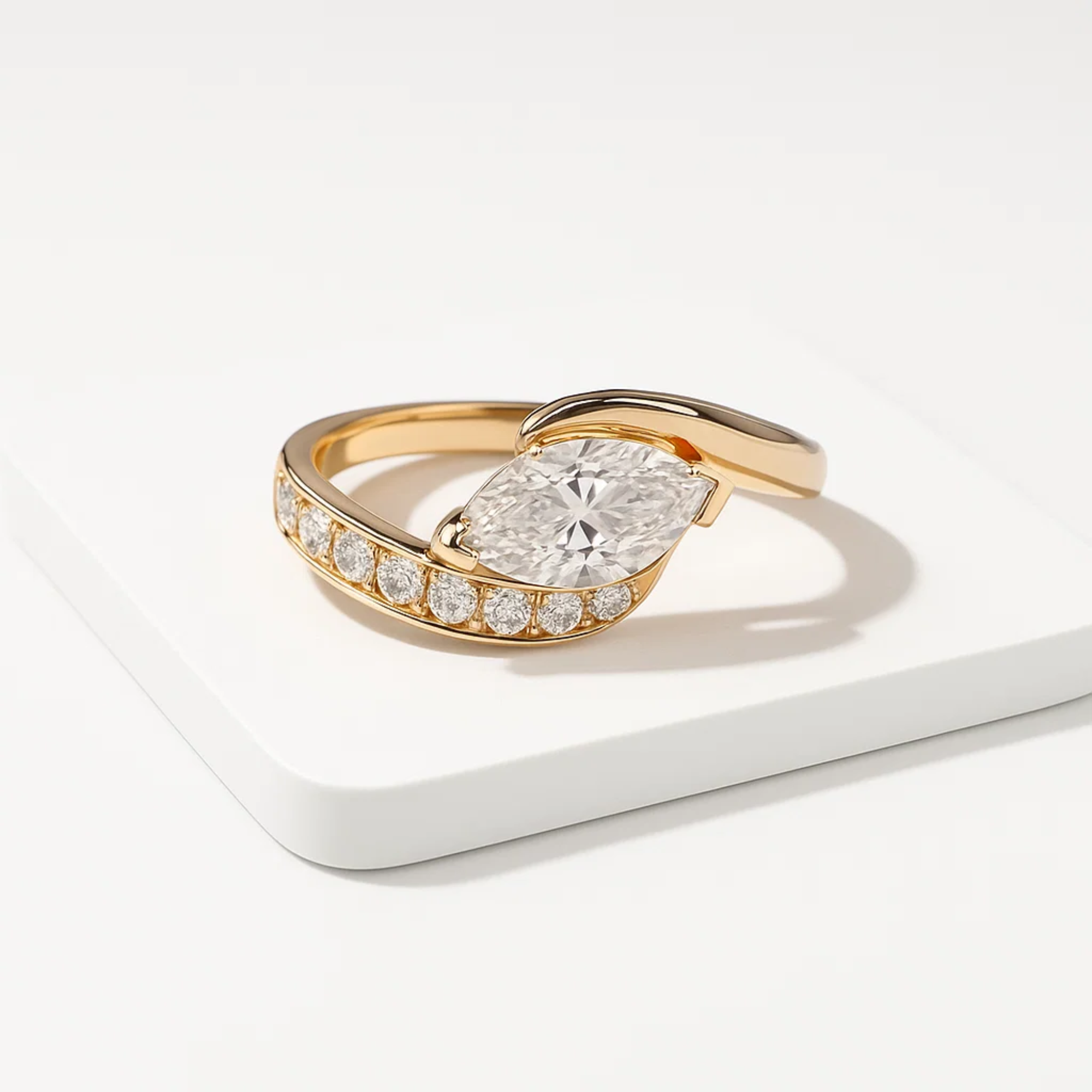 14K Marquise Cut Engagement Ring, Gold East West Marquise Shaped Lab Grown Diamond