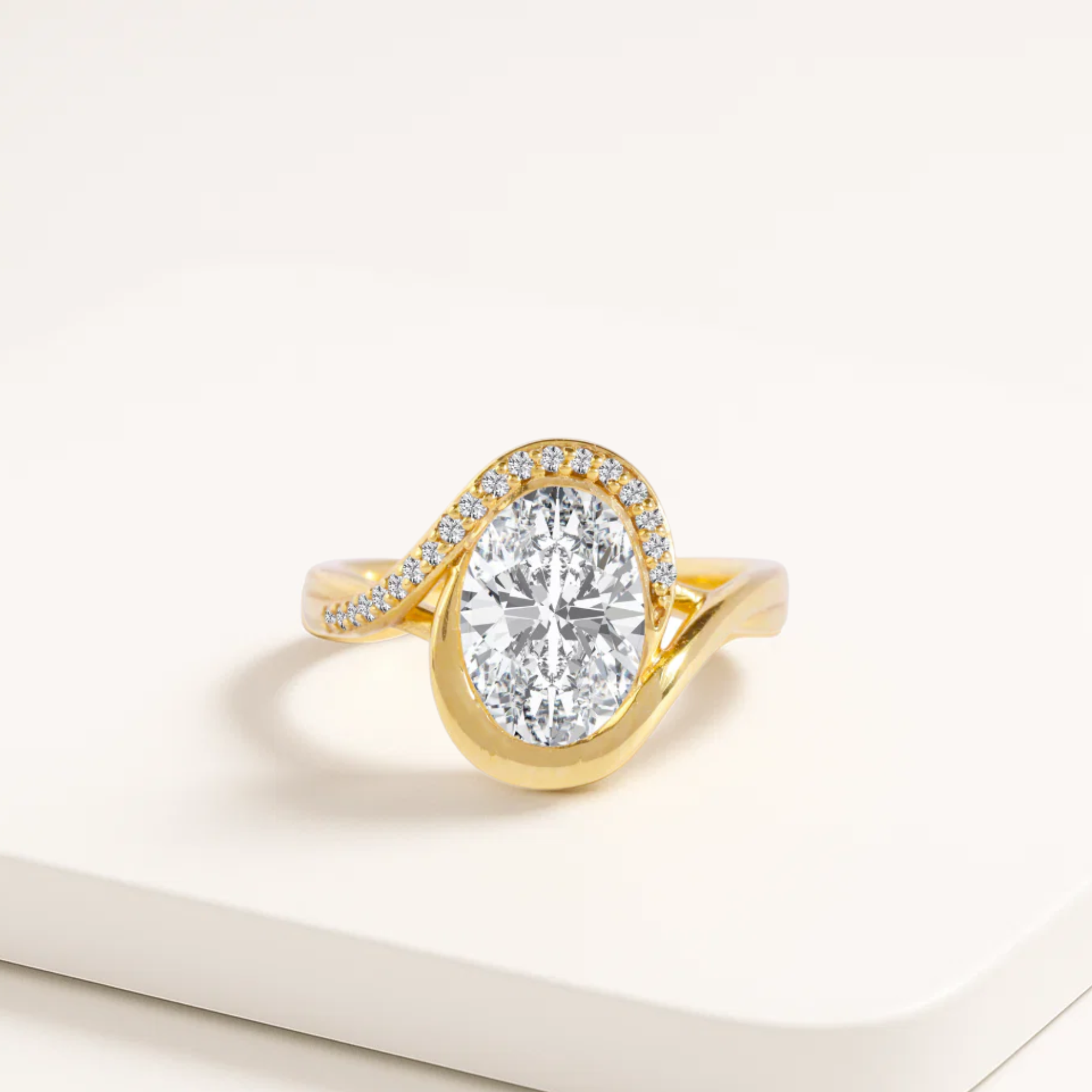 14K Oval Unique Engagement Ring | 2 Carat Oval Lab Grown Diamond Curved Oval Wave Halo Ring