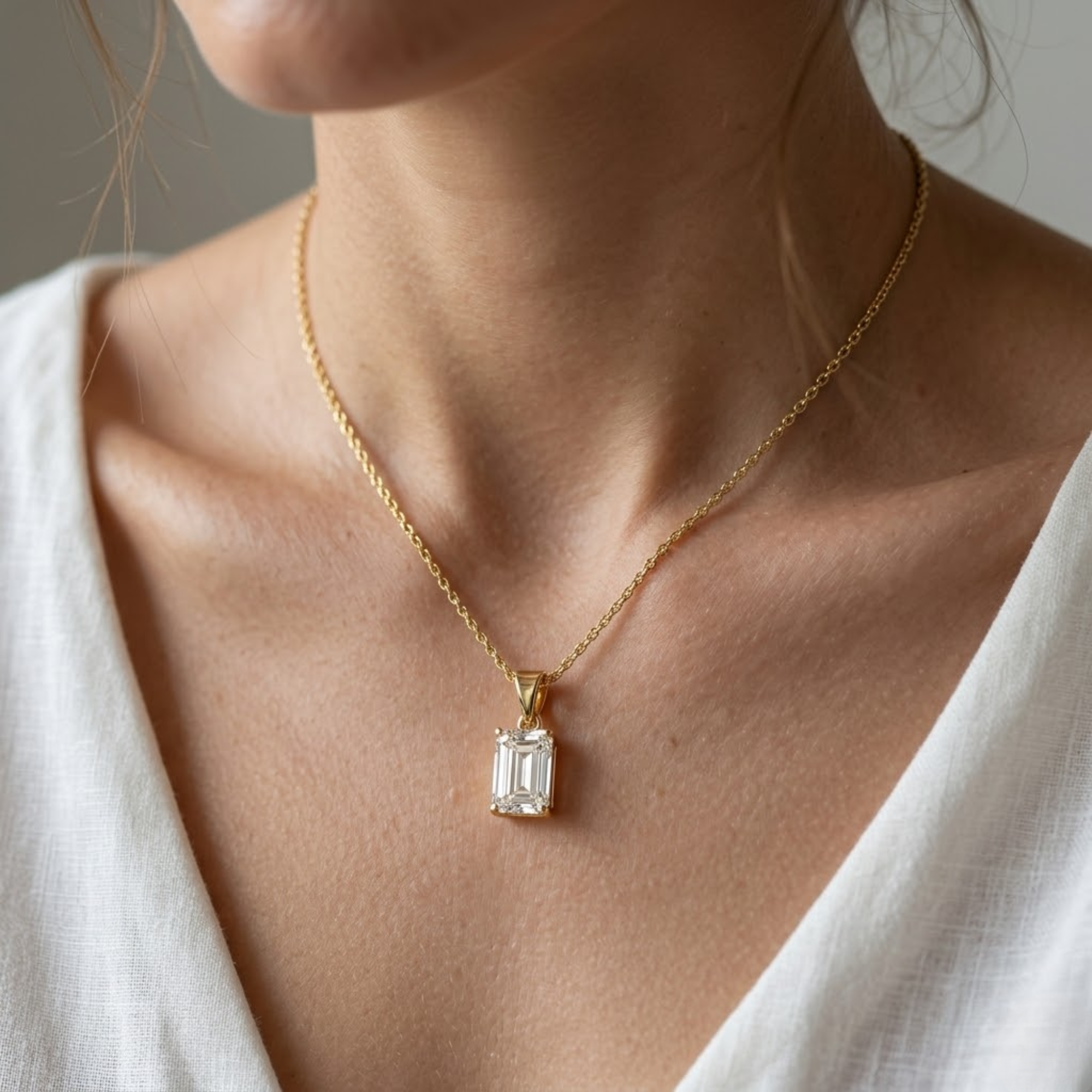 14K Emerald Shape Lab Diamond Pendant in Gold & Silver For Her