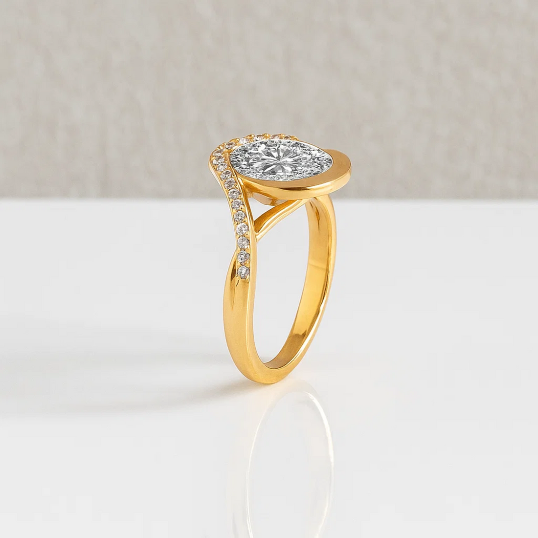 14K Oval Unique Engagement Ring | 2 Carat Oval Lab Grown Diamond Curved Oval Wave Halo Ring