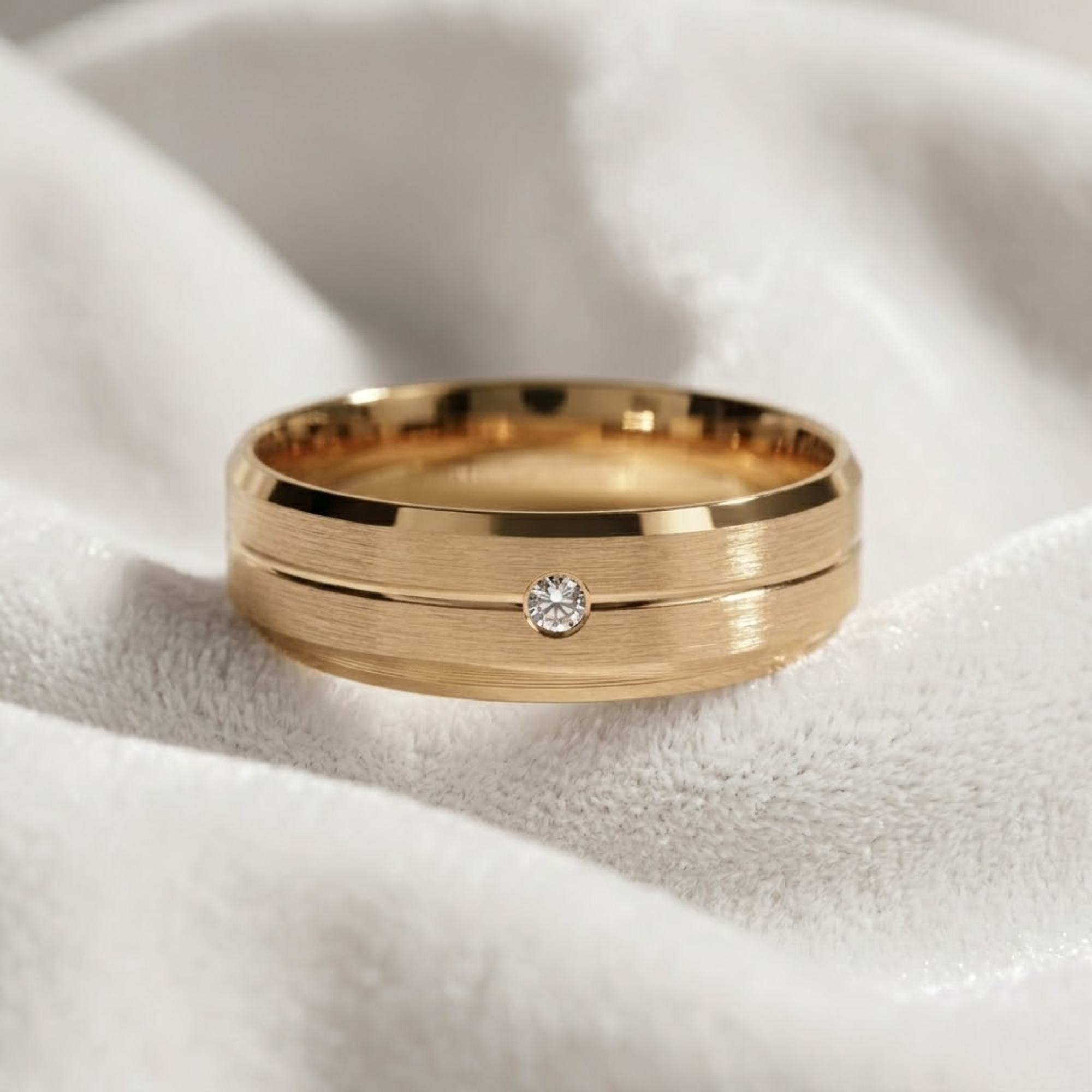 14K Flush Set Men's Diamond Wedding Band with Beveled Edges