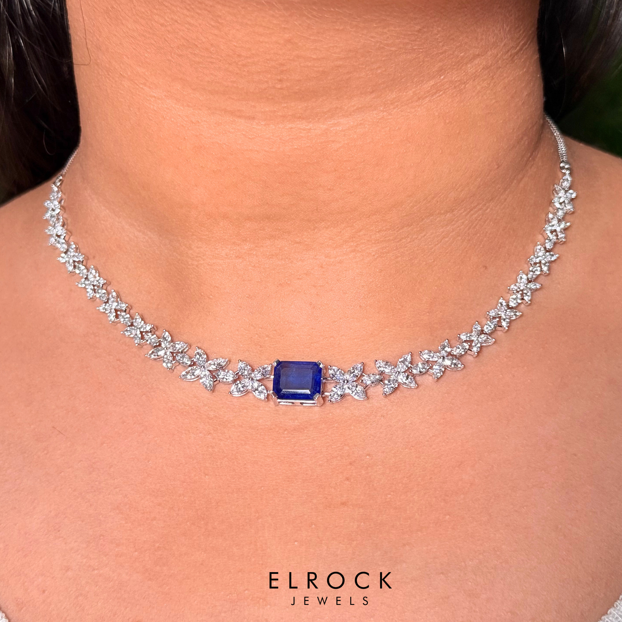  Emerald-Cut Blue Sapphire Lab Grown Diamond Tennis Necklace