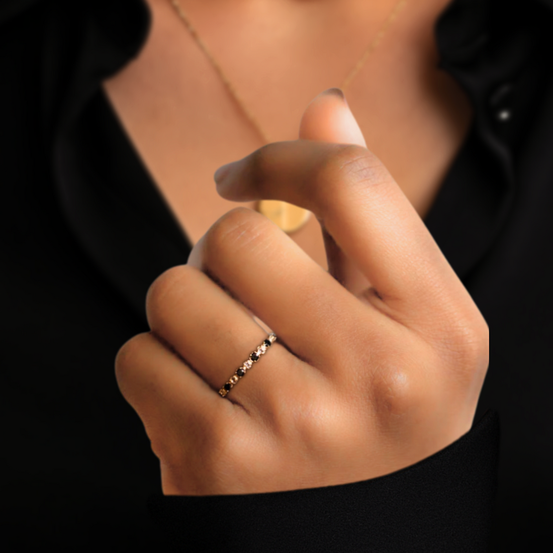 14K Unique Gift Black and White Diamond Half Eternity Ring Dainty 14K Solid Gold Stacking Ring Gift For Her