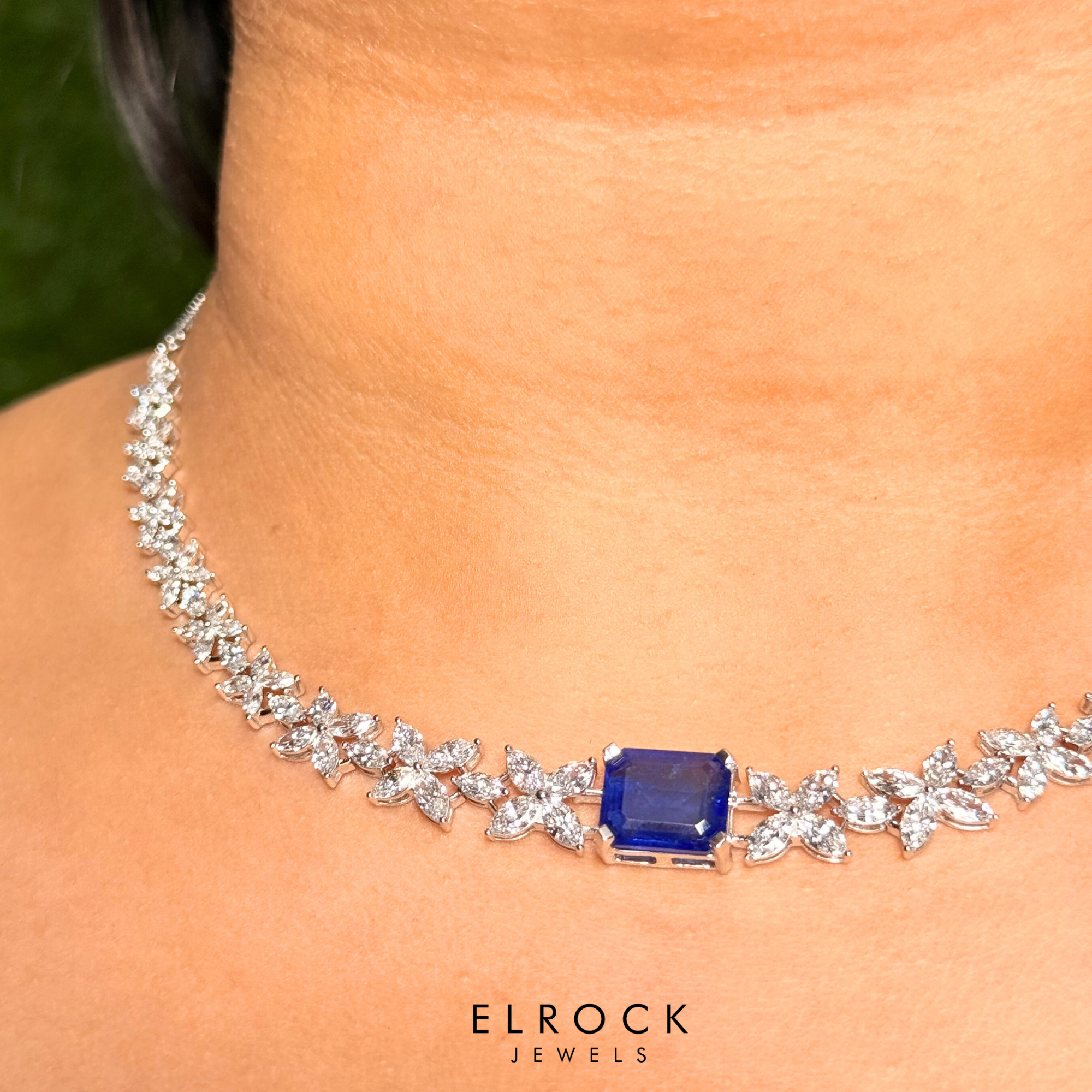  Emerald-Cut Blue Sapphire Lab Grown Diamond Tennis Necklace