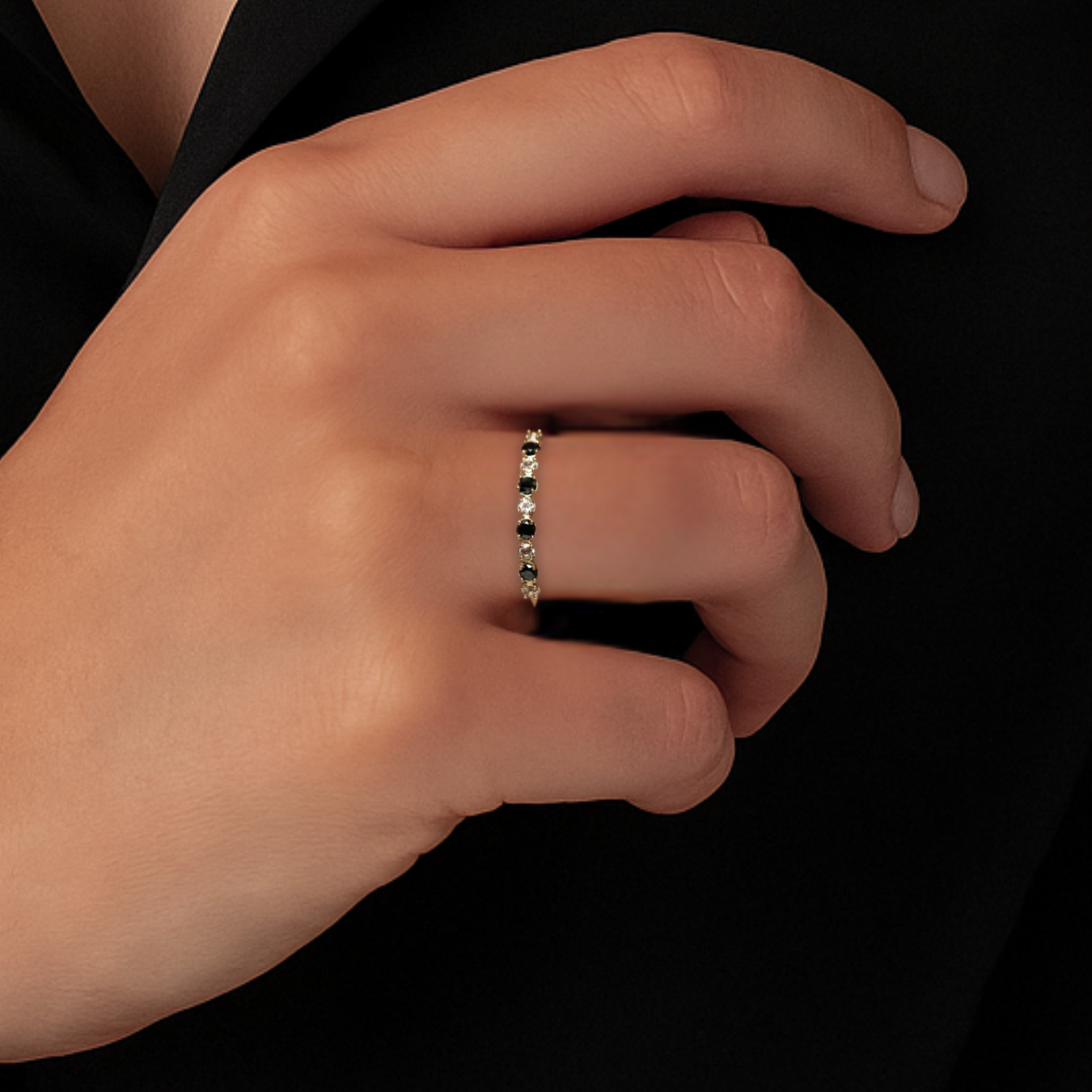 14K Unique Gift Black and White Diamond Half Eternity Ring Dainty