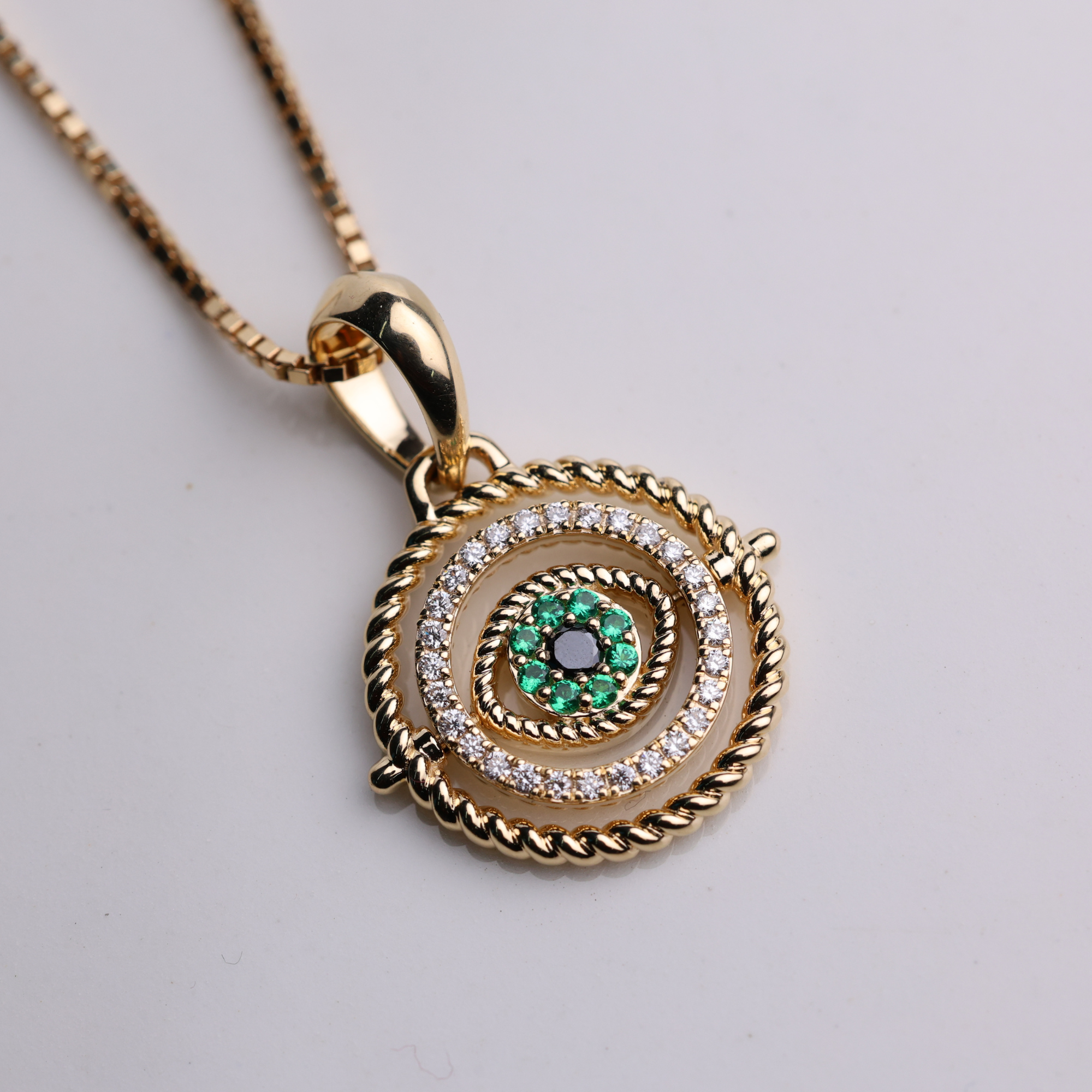 14K Solid Gold Sapphire and Diamond Set Evil Eye Charm Pendant