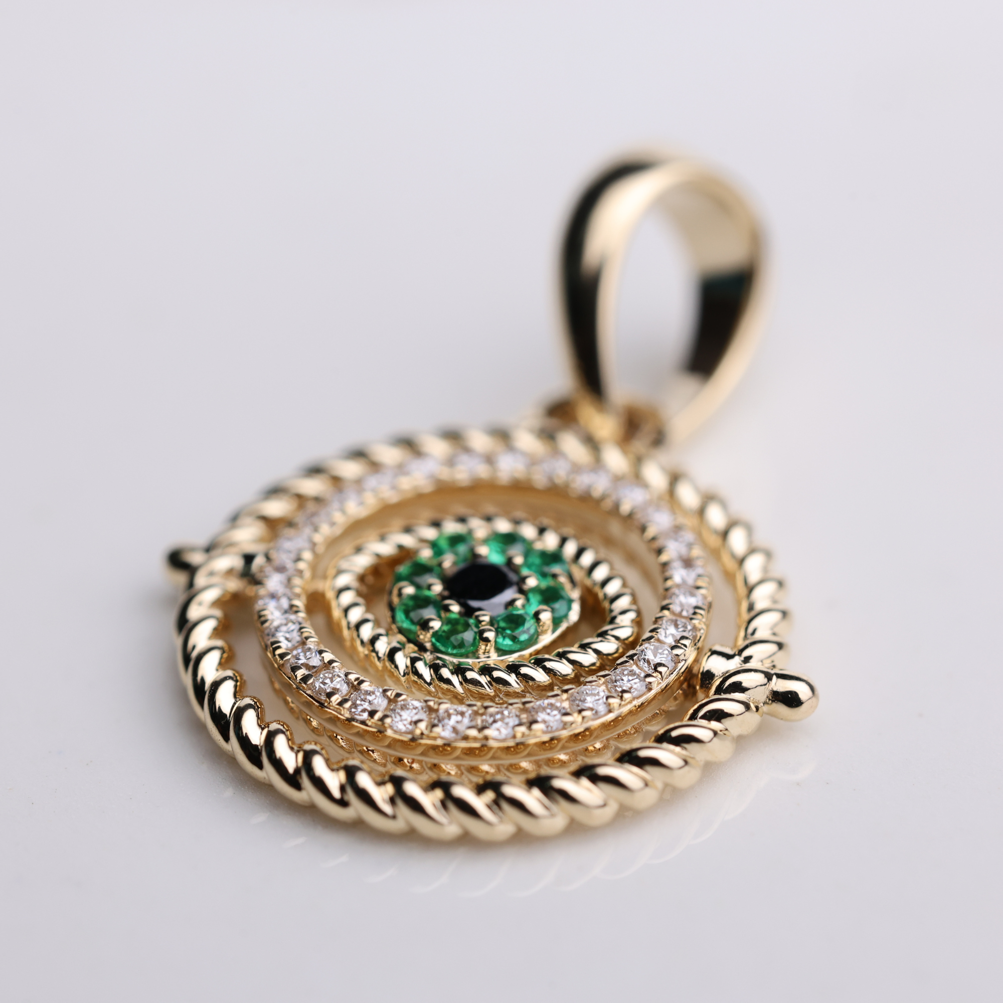 14K Solid Gold Sapphire and Diamond Set Evil Eye Charm Pendant