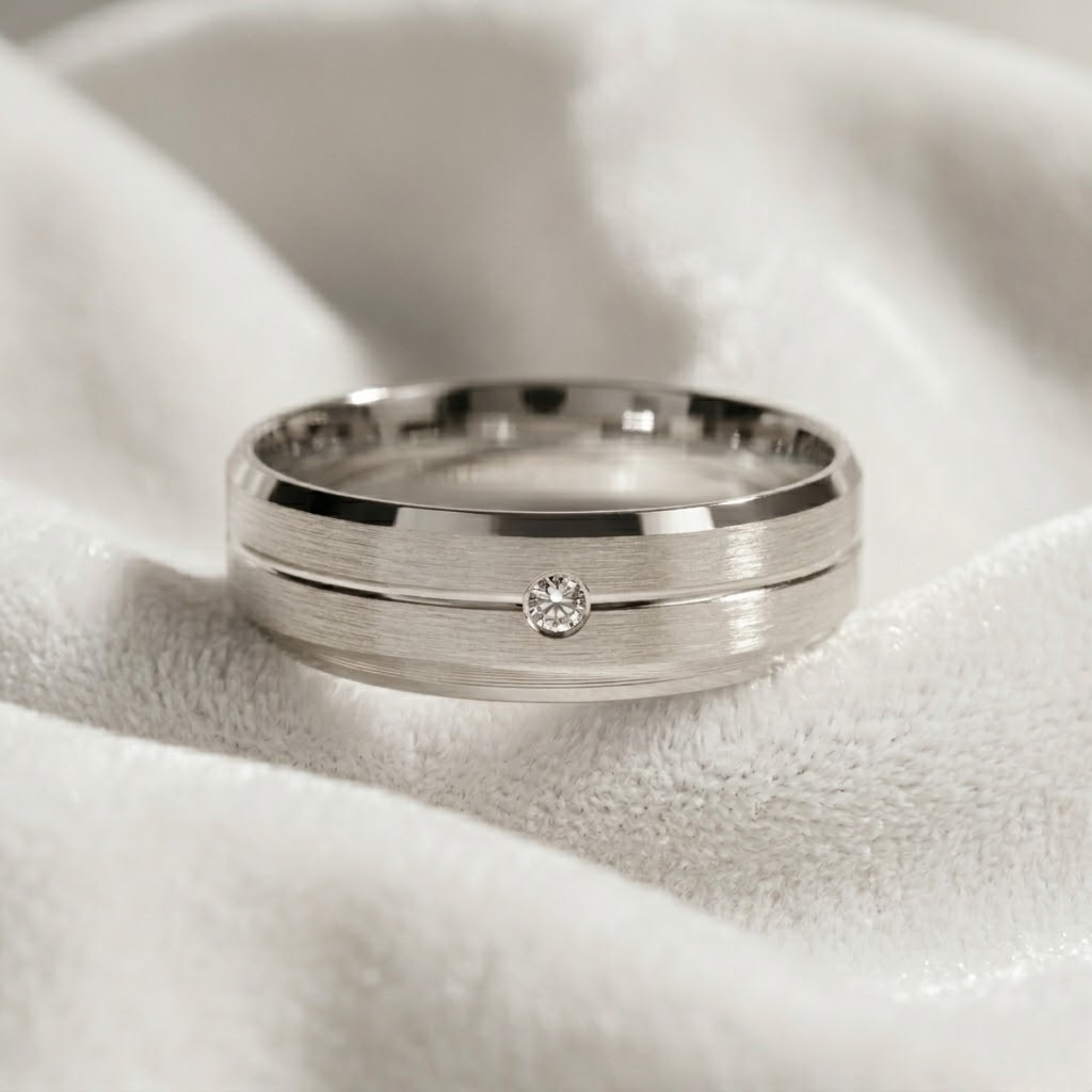 14K Flush Set Men's Diamond Wedding Band with Beveled Edges