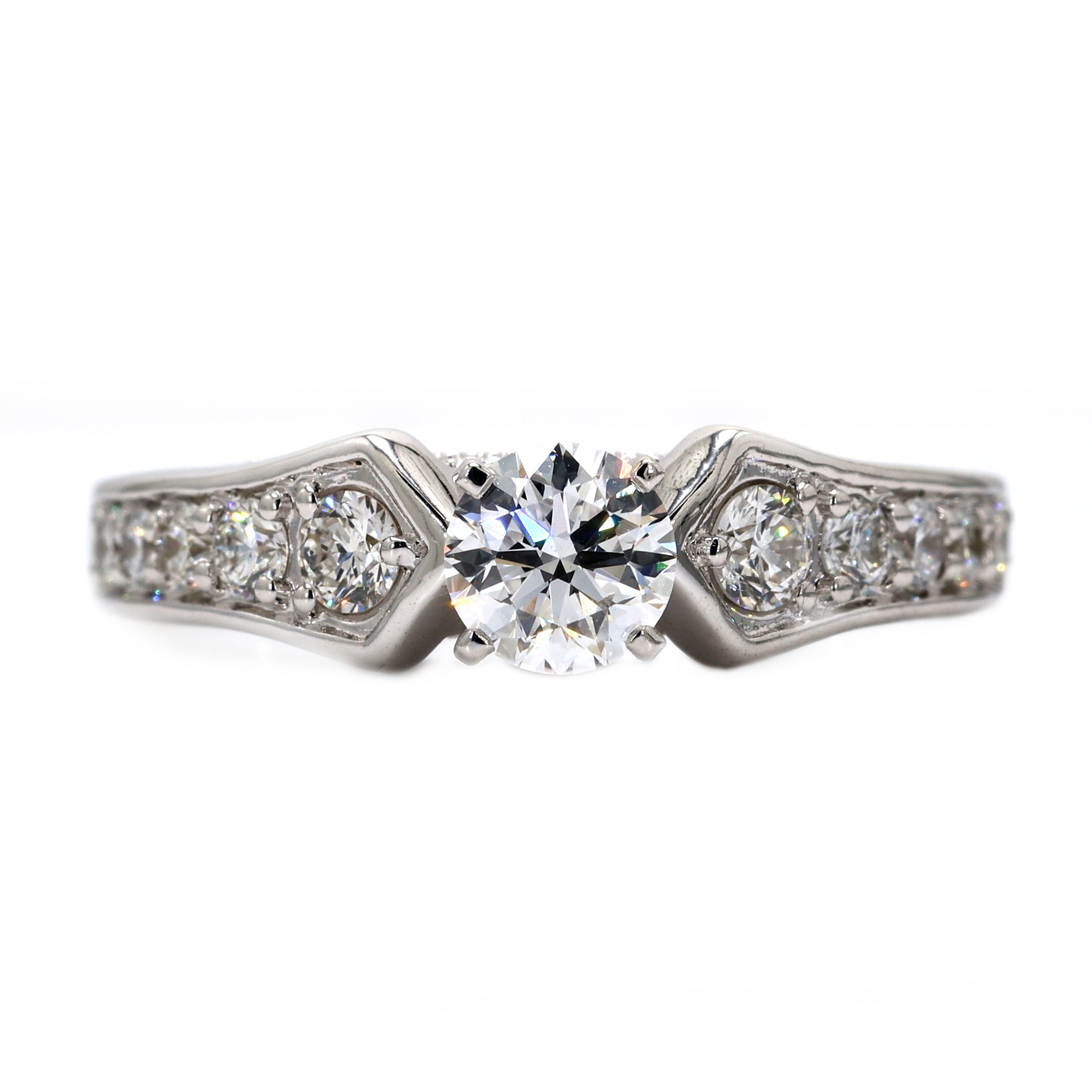 14K White Gold Round Shape with Side Stones Engagement Ring