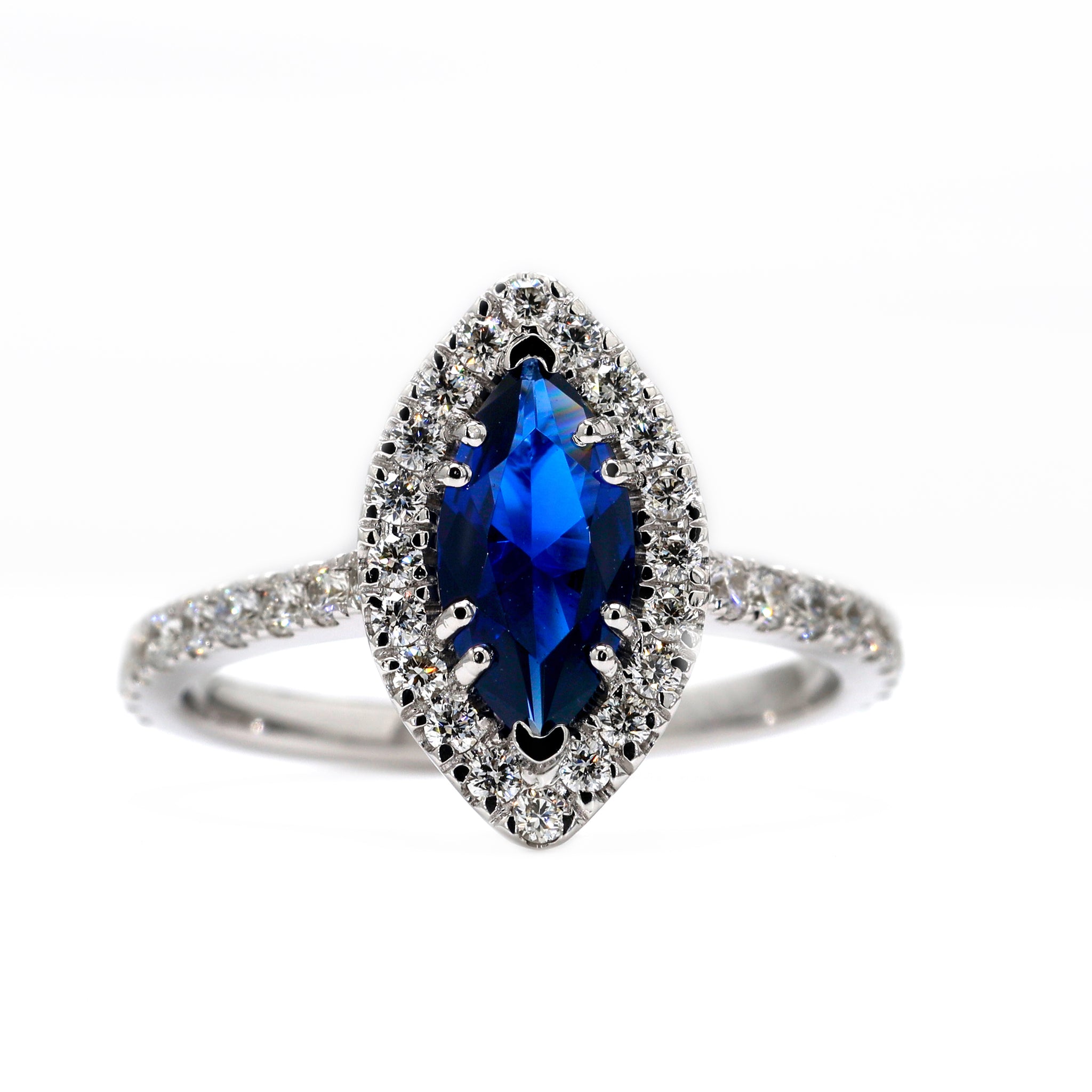 Marquise Blue Sapphire Gemstone 14K White Gold Halo Engagement Promise Statement Ring