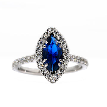 Marquise Blue Sapphire Gemstone 14K White Gold Halo Engagement Promise Statement Ring