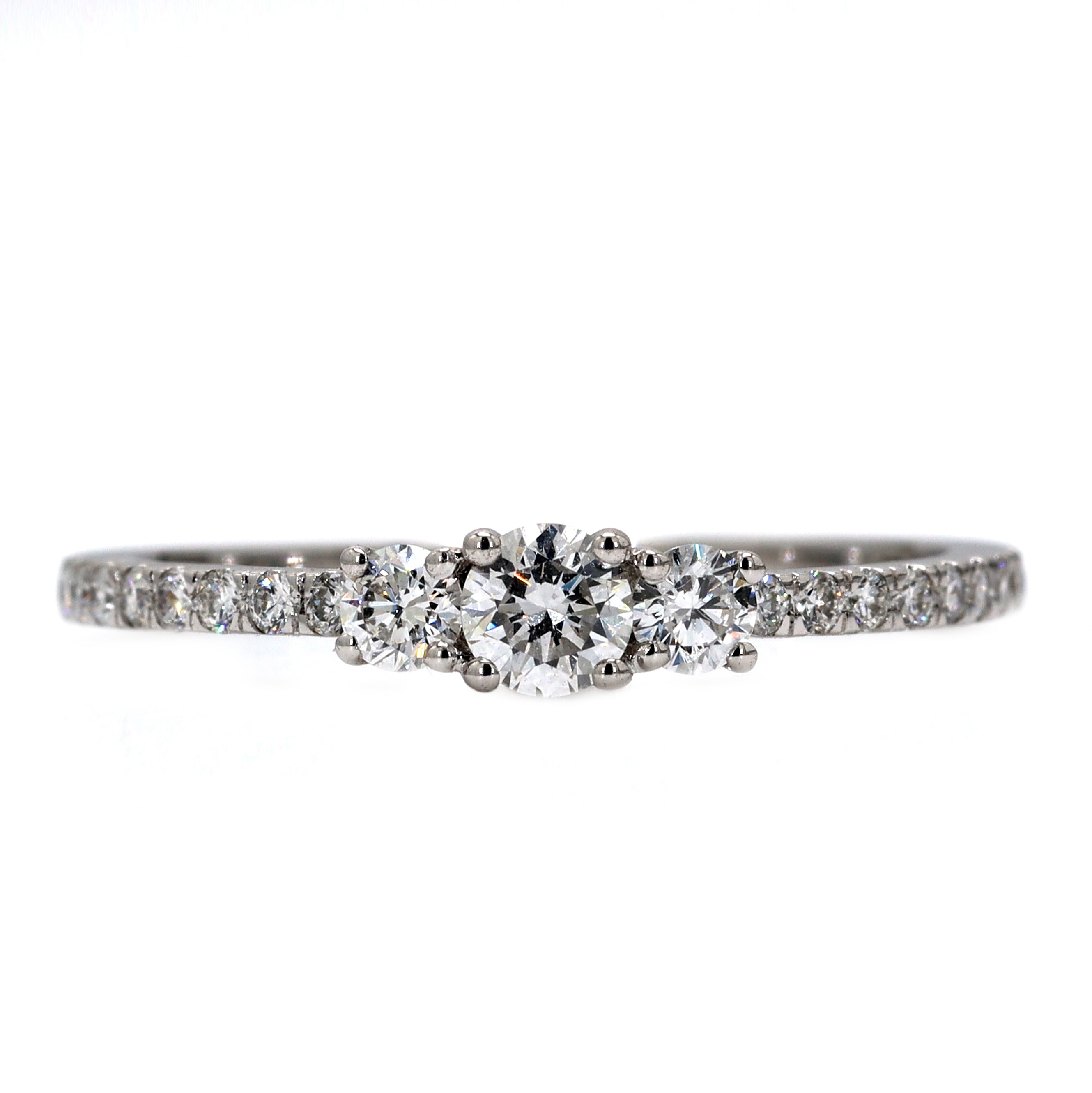 14K Gold 3 Stone Round Cut Pave Set Engagement Ring