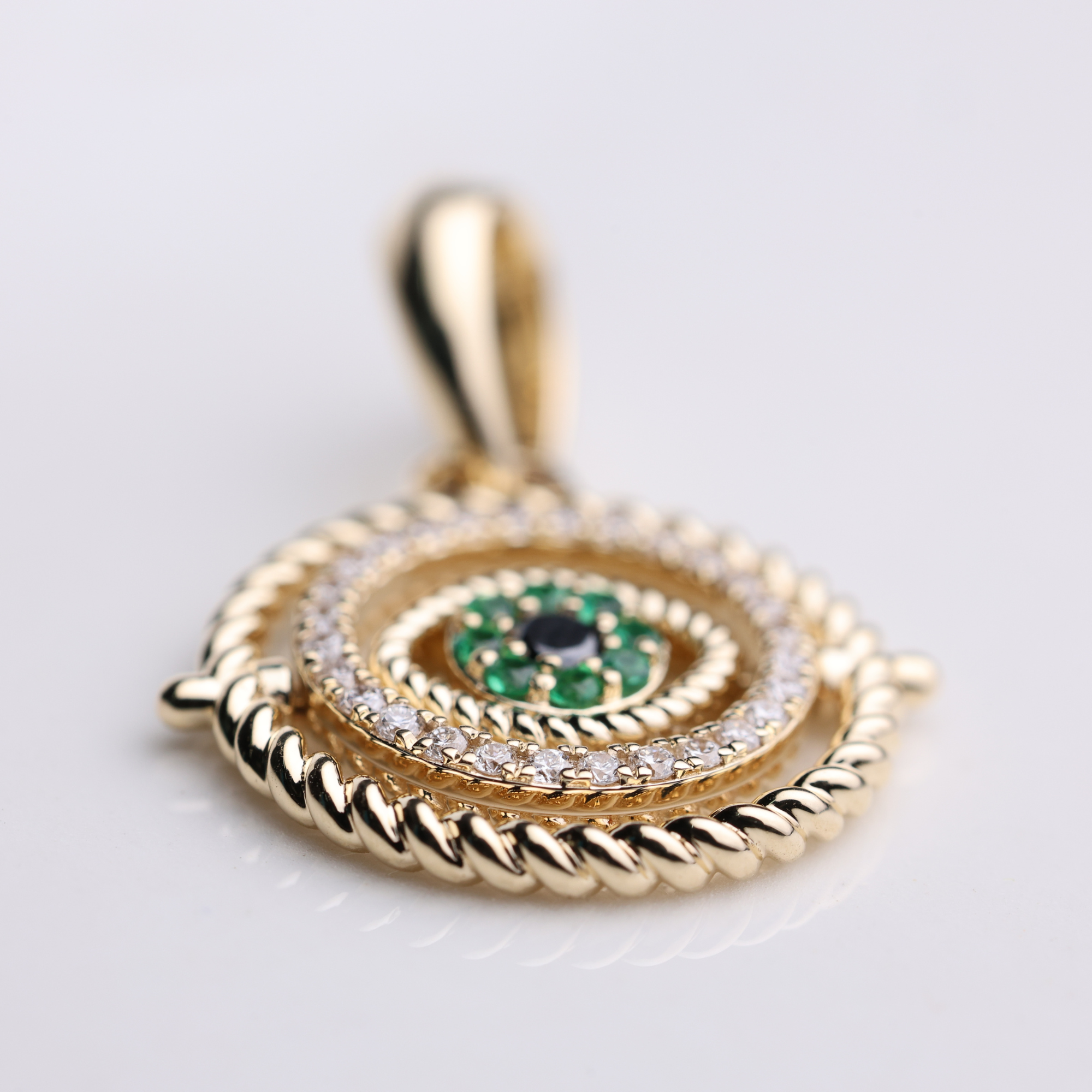 14K Solid Gold Sapphire and Diamond Set Evil Eye Charm Pendant
