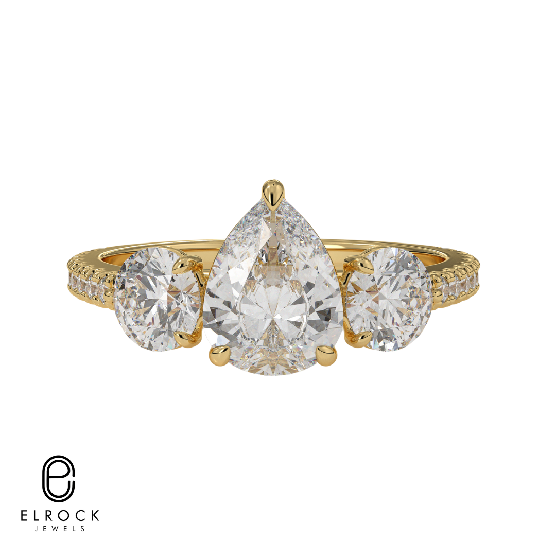 14K Gold Pear Shaped Three Stone Solitaire Engagement Ring