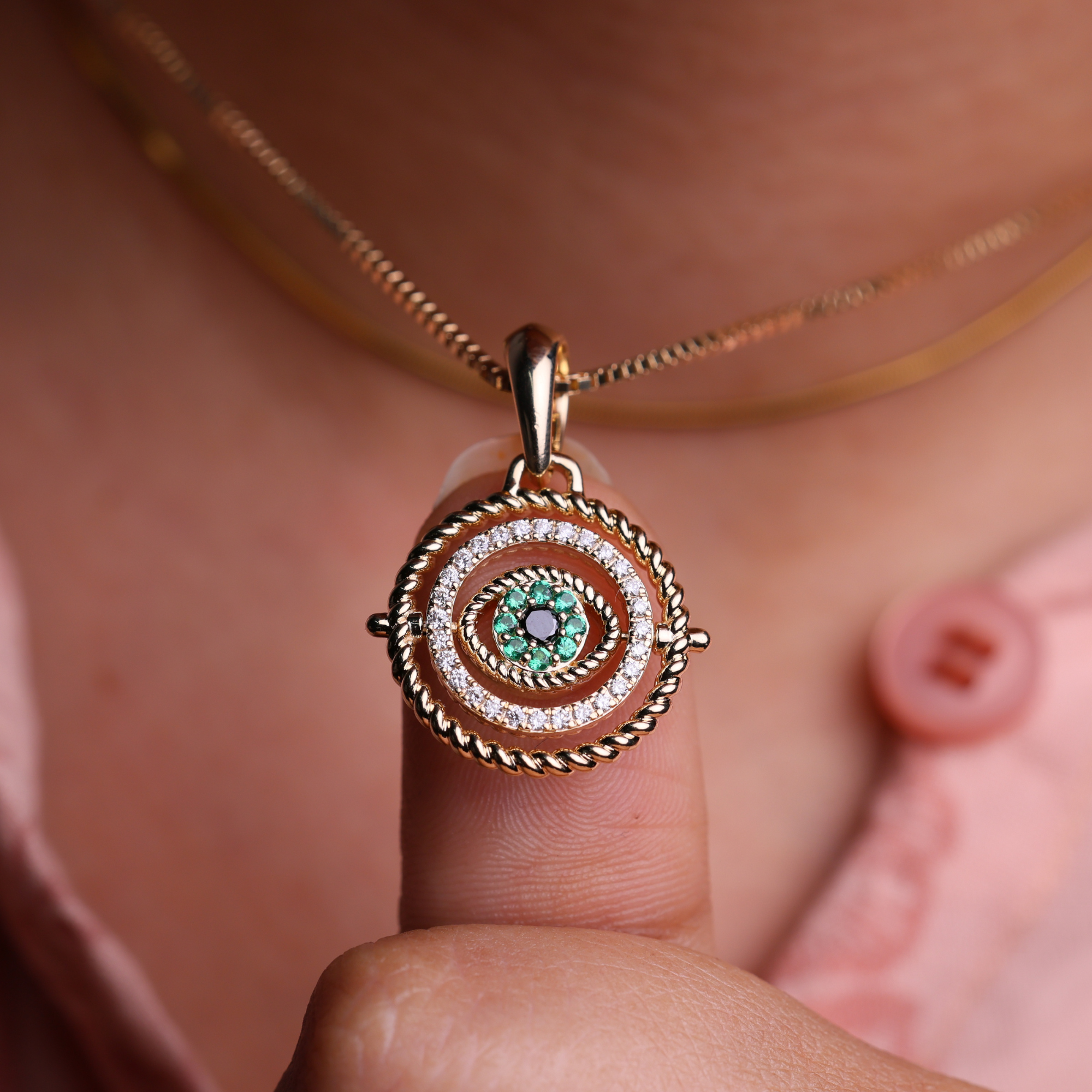 14K Solid Gold Sapphire and Diamond Set Evil Eye Charm Pendant