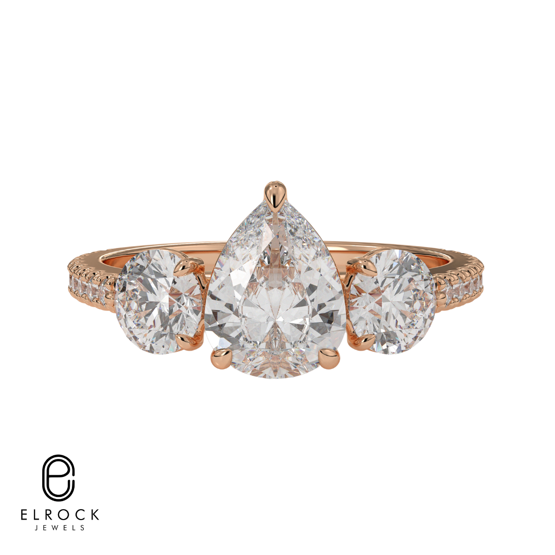 14K Gold Pear Shaped Three Stone Solitaire Engagement Ring