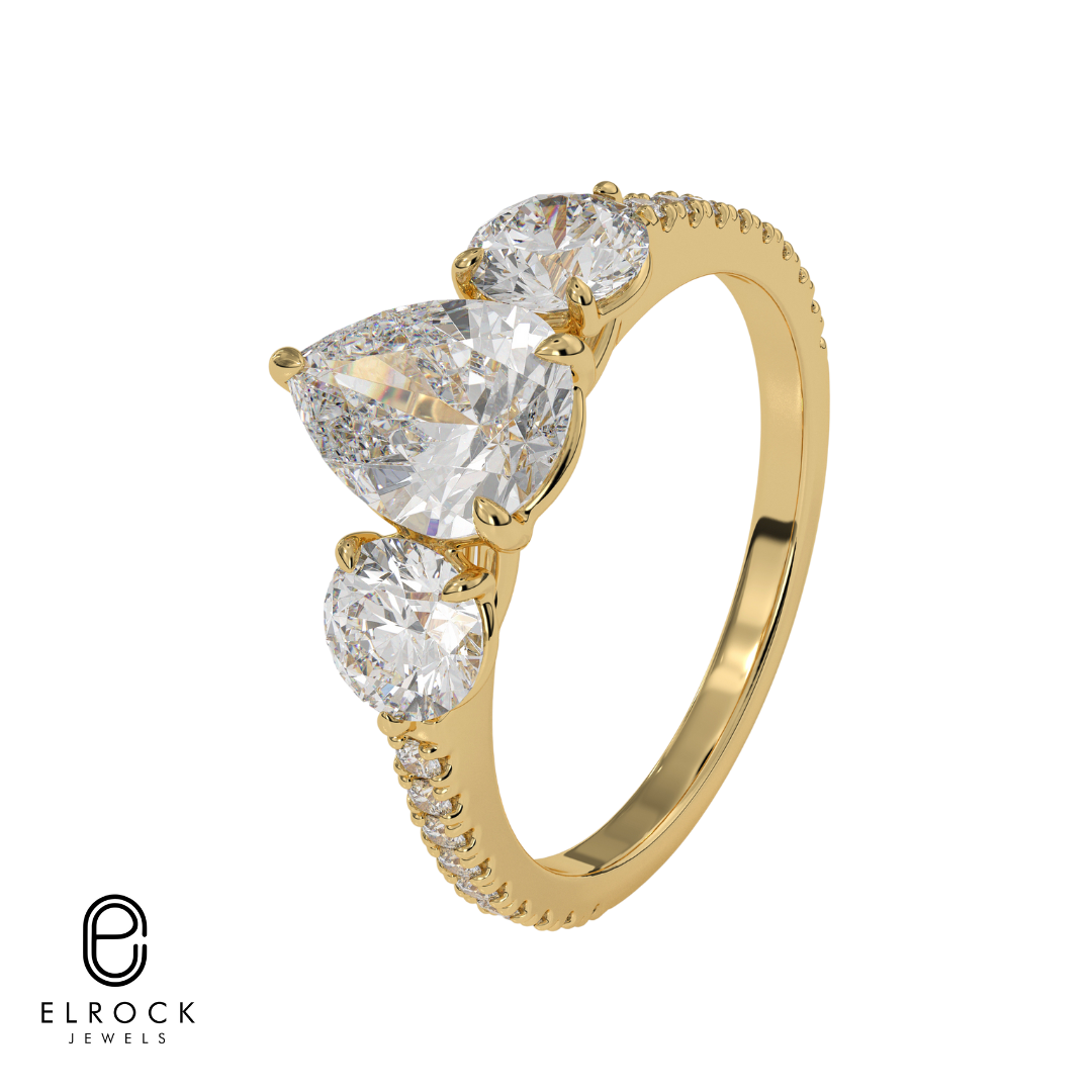14K Gold Pear Shaped Three Stone Solitaire Engagement Ring
