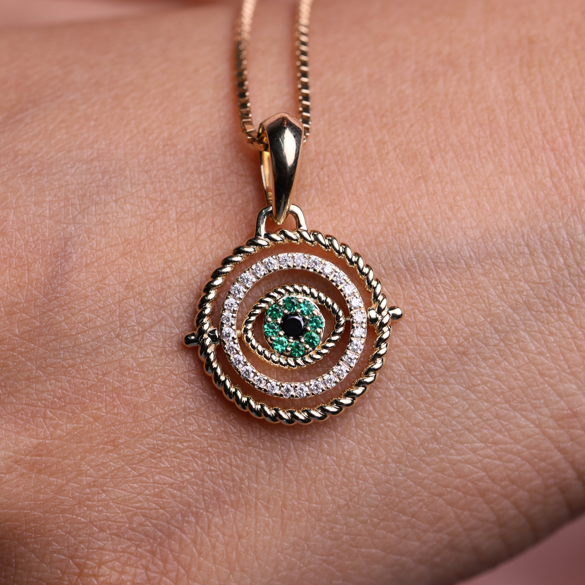 14K Solid Gold Sapphire and Diamond Set Evil Eye Charm Pendant