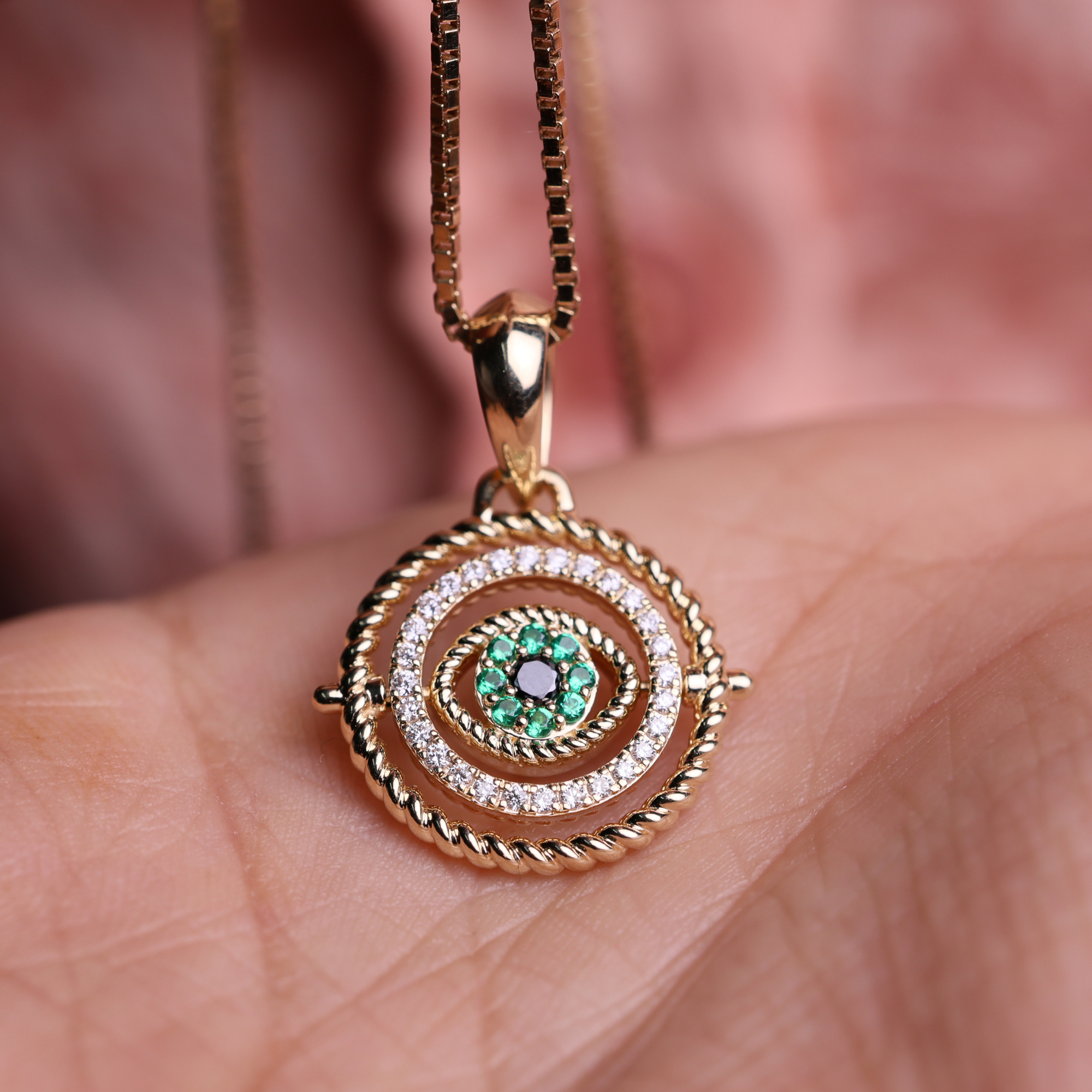14K Solid Gold Sapphire and Diamond Set Evil Eye Charm Pendant