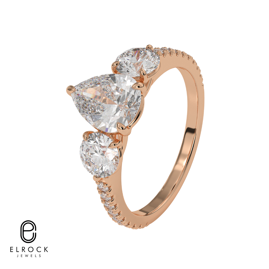 14K Gold Pear Shaped Three Stone Solitaire Engagement Ring