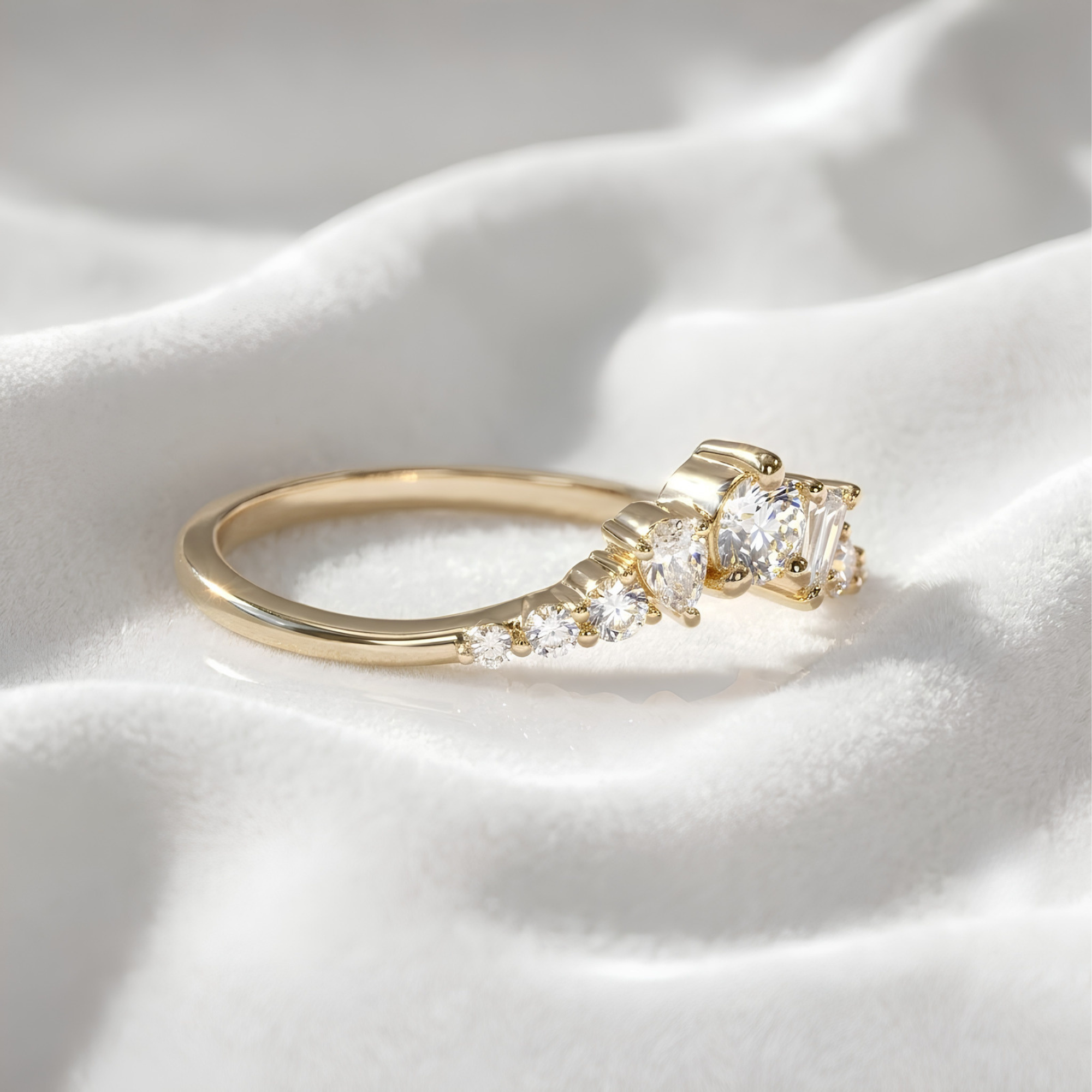 14K Gold Multi Shaped Lab Diamond Curved Wedding Band