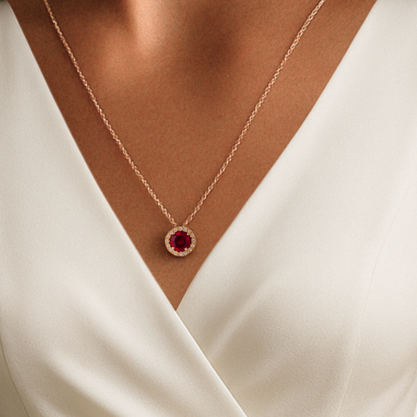 14k Real Solid Gold Diamond Ruby Halo Necklace for Women