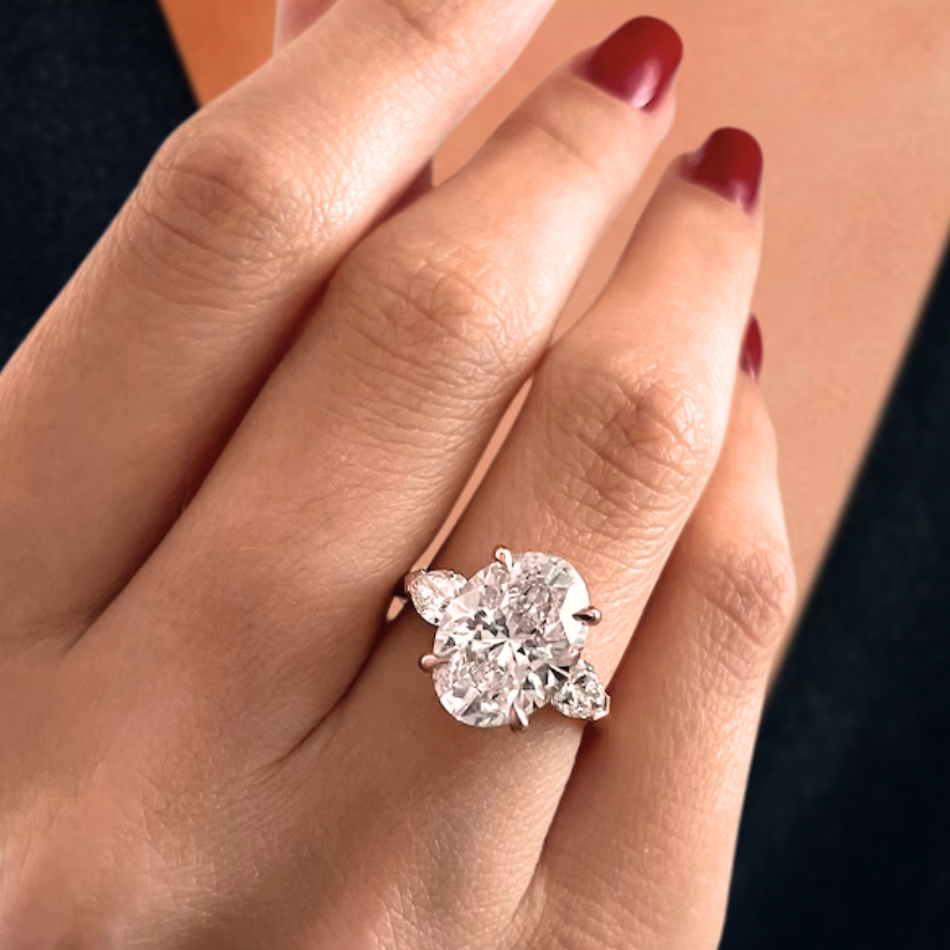 14K Gold 5 Carat Oval F VS1 Lab Grown Diamond Three Stone Engagement Ring